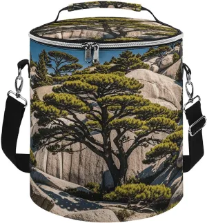 Collapsible Insulated Cooler Bag Trees and Rocks Print Leakproof Soft Cooler Bag Round Casserole Carrier for Hot & Cold Food