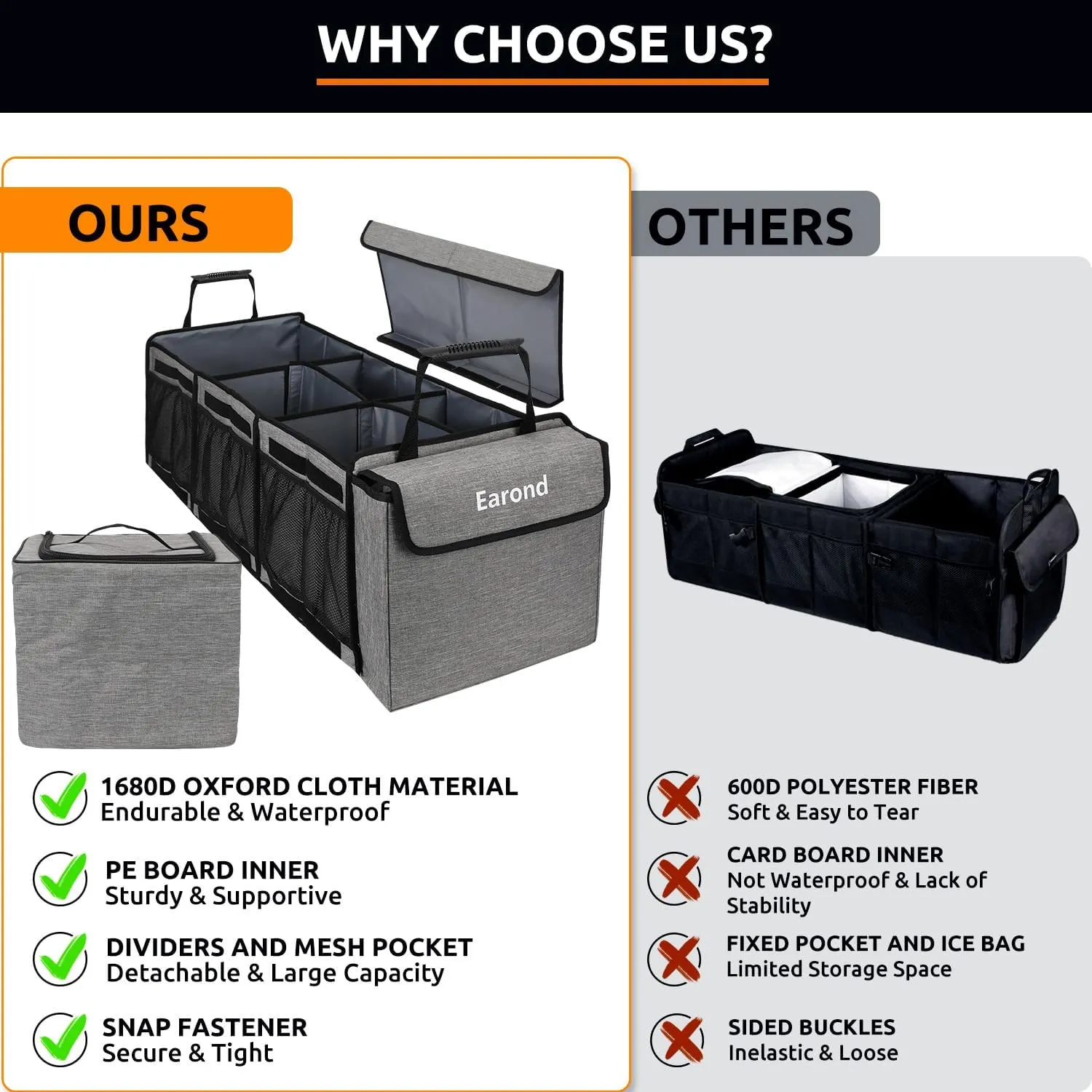 Collapsible Trunk Organizer with Insulated Leakproof Cooler Bag,Removable Lid,Adjustable Securing Straps,3 Compartments Trunk Organizer for SUV,Truck,Sedan(Light Grey)
