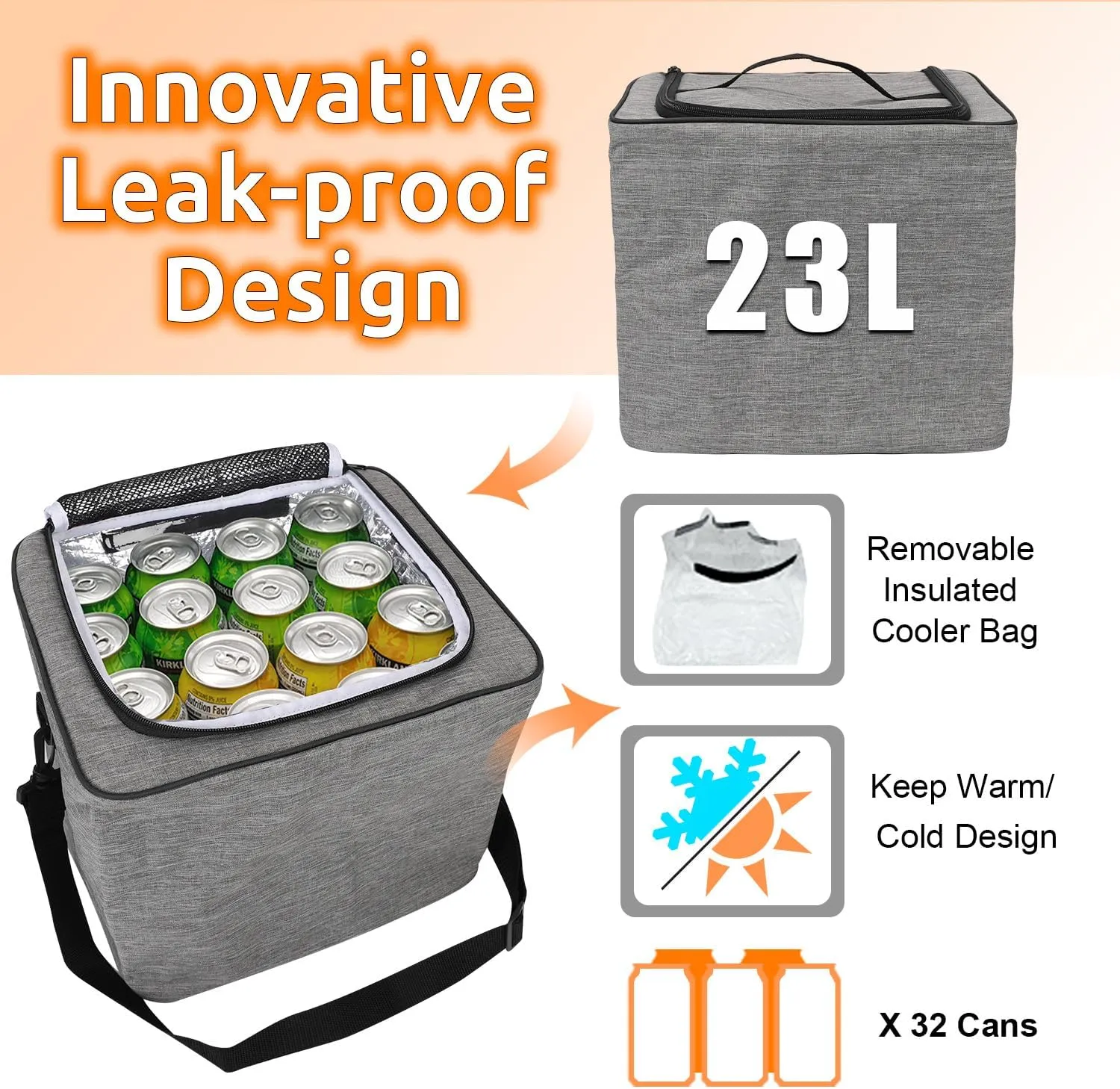Collapsible Trunk Organizer with Insulated Leakproof Cooler Bag,Removable Lid,Adjustable Securing Straps,3 Compartments Trunk Organizer for SUV,Truck,Sedan(Light Grey)
