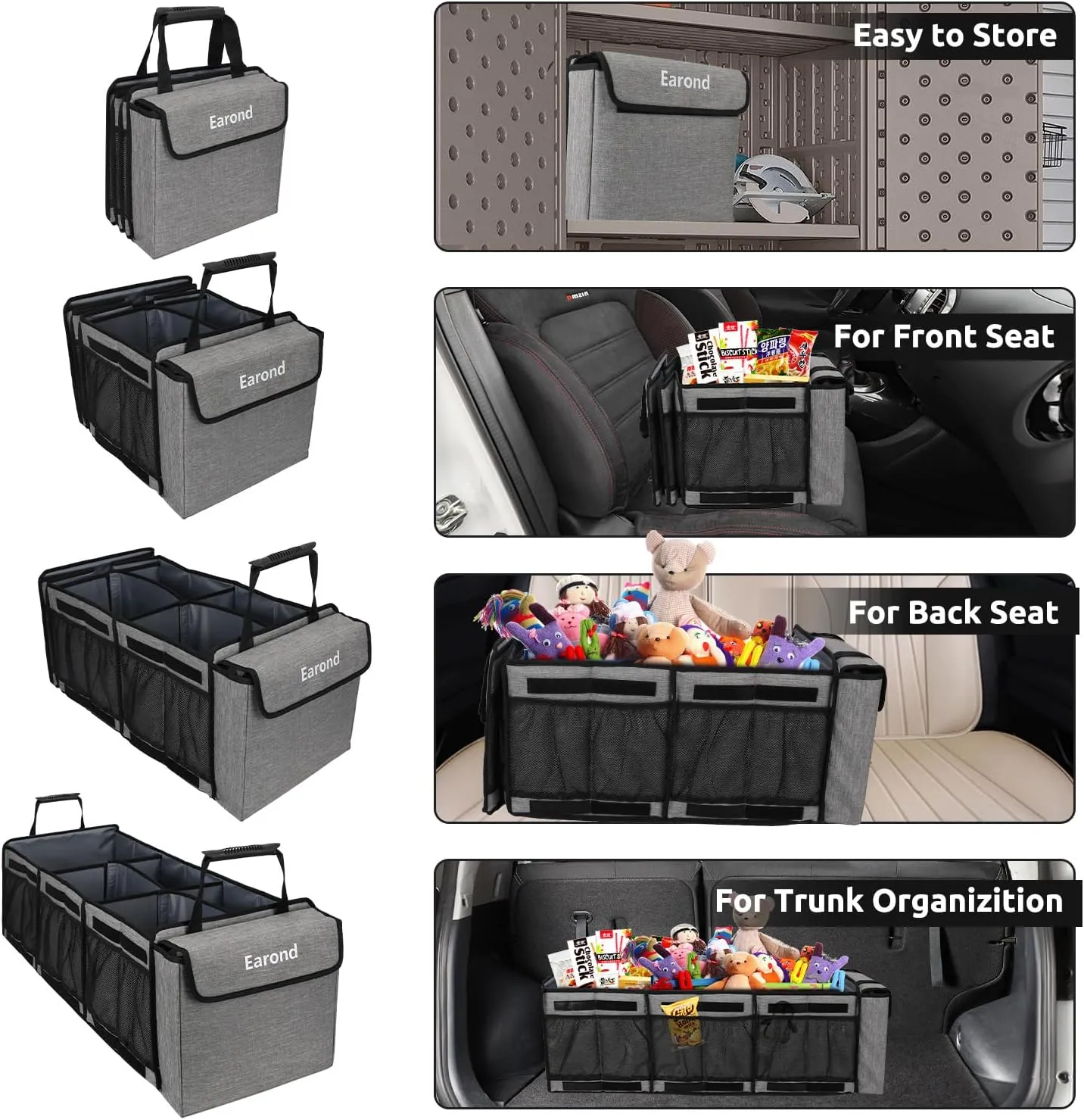 Collapsible Trunk Organizer with Insulated Leakproof Cooler Bag,Removable Lid,Adjustable Securing Straps,3 Compartments Trunk Organizer for SUV,Truck,Sedan(Light Grey)