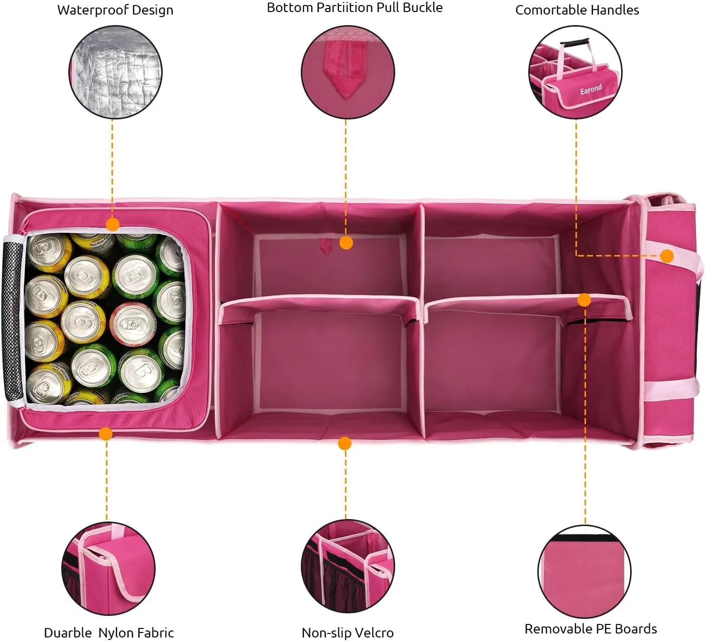 Collapsible Trunk Organizer with Insulated Leakproof Cooler Bag,Removable Lid,Adjustable Securing Straps,3 Compartments Trunk Organizer for SUV,Truck,Sedan(Pink)