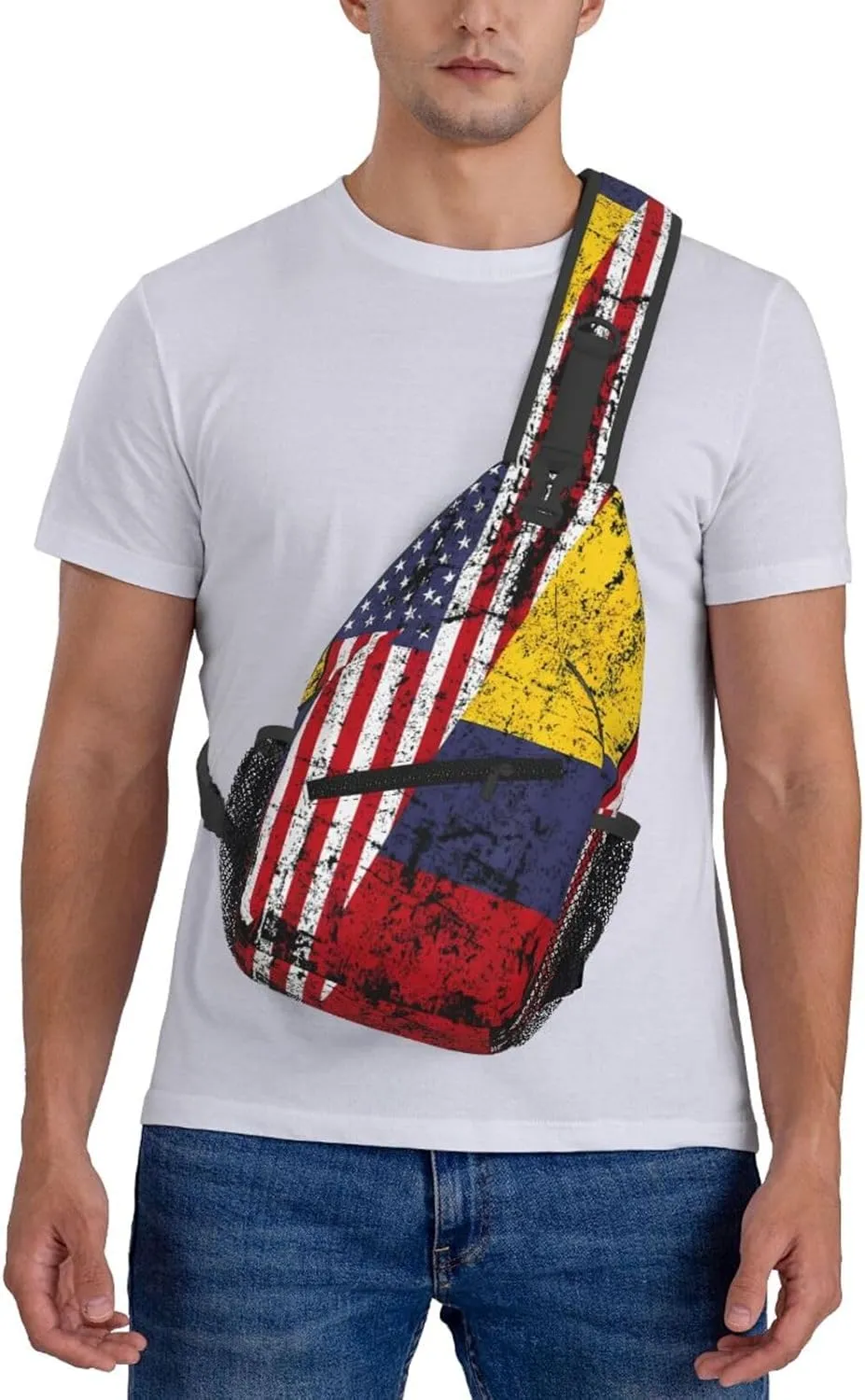 Colombian Roots Half American Flag Colombia Crossbody Bag Cross Chest Bag Adjustable Sling Backpack Sports Gym Shoulder Bags Travel Cycling Daypack Diagonally Casual Rucksack