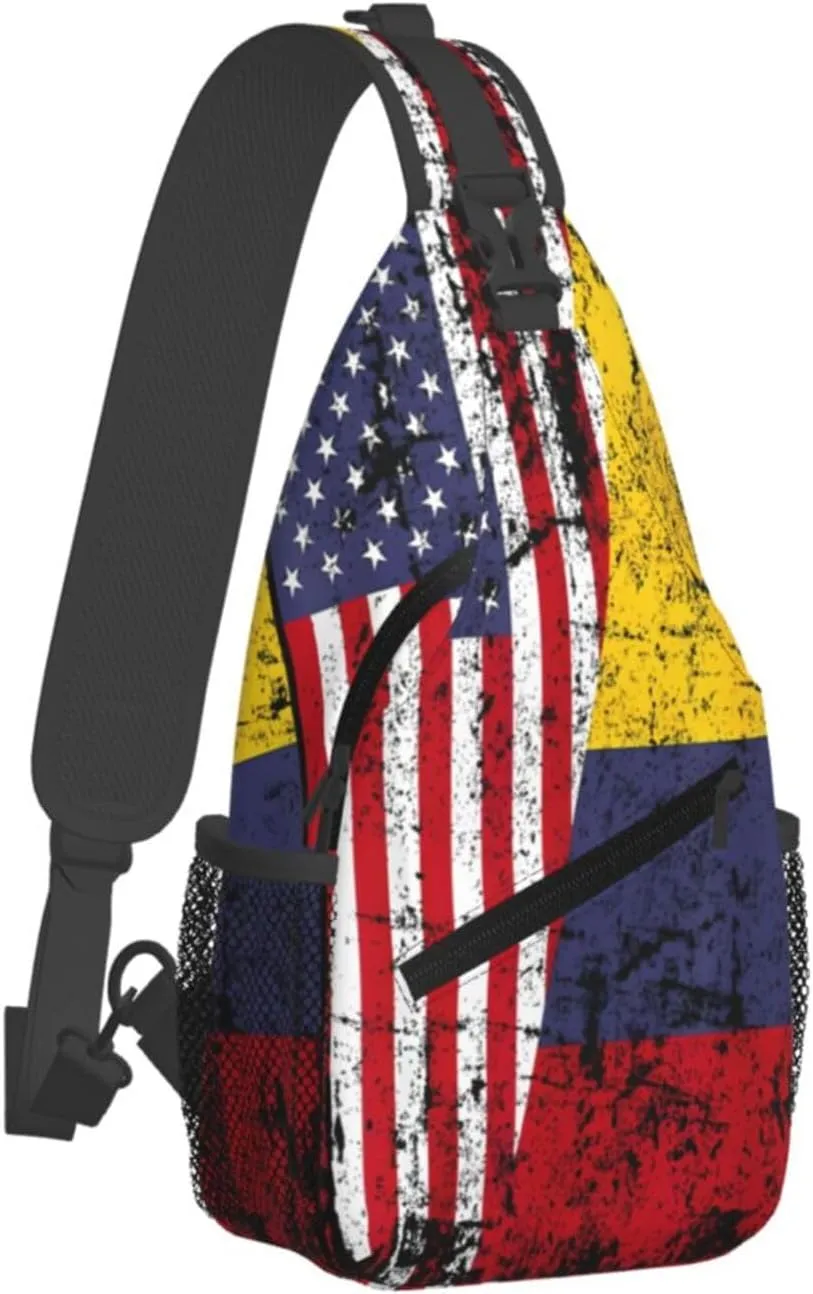Colombian Roots Half American Flag Colombia Crossbody Bag Cross Chest Bag Adjustable Sling Backpack Sports Gym Shoulder Bags Travel Cycling Daypack Diagonally Casual Rucksack