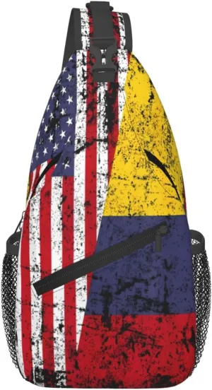Colombian Roots Half American Flag Colombia Crossbody Bag Cross Chest Bag Adjustable Sling Backpack Sports Gym Shoulder Bags Travel Cycling Daypack Diagonally Casual Rucksack