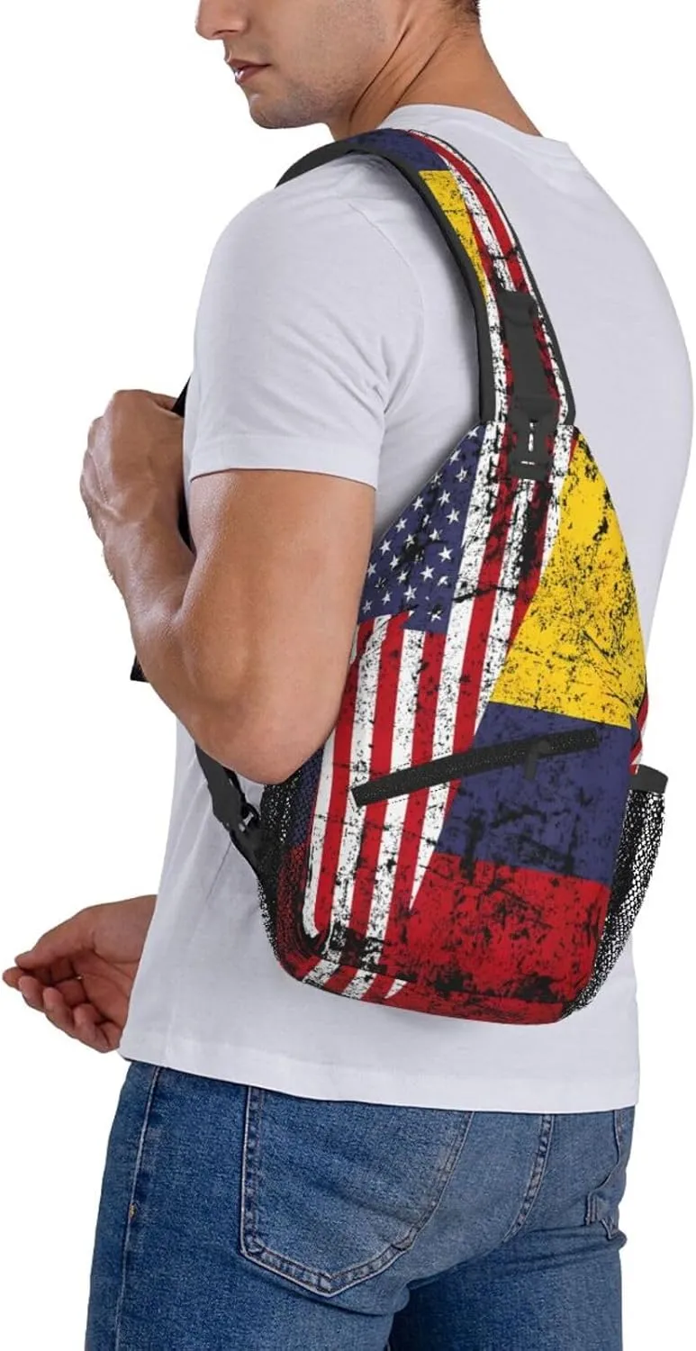 Colombian Roots Half American Flag Colombia Crossbody Bag Cross Chest Bag Adjustable Sling Backpack Sports Gym Shoulder Bags Travel Cycling Daypack Diagonally Casual Rucksack