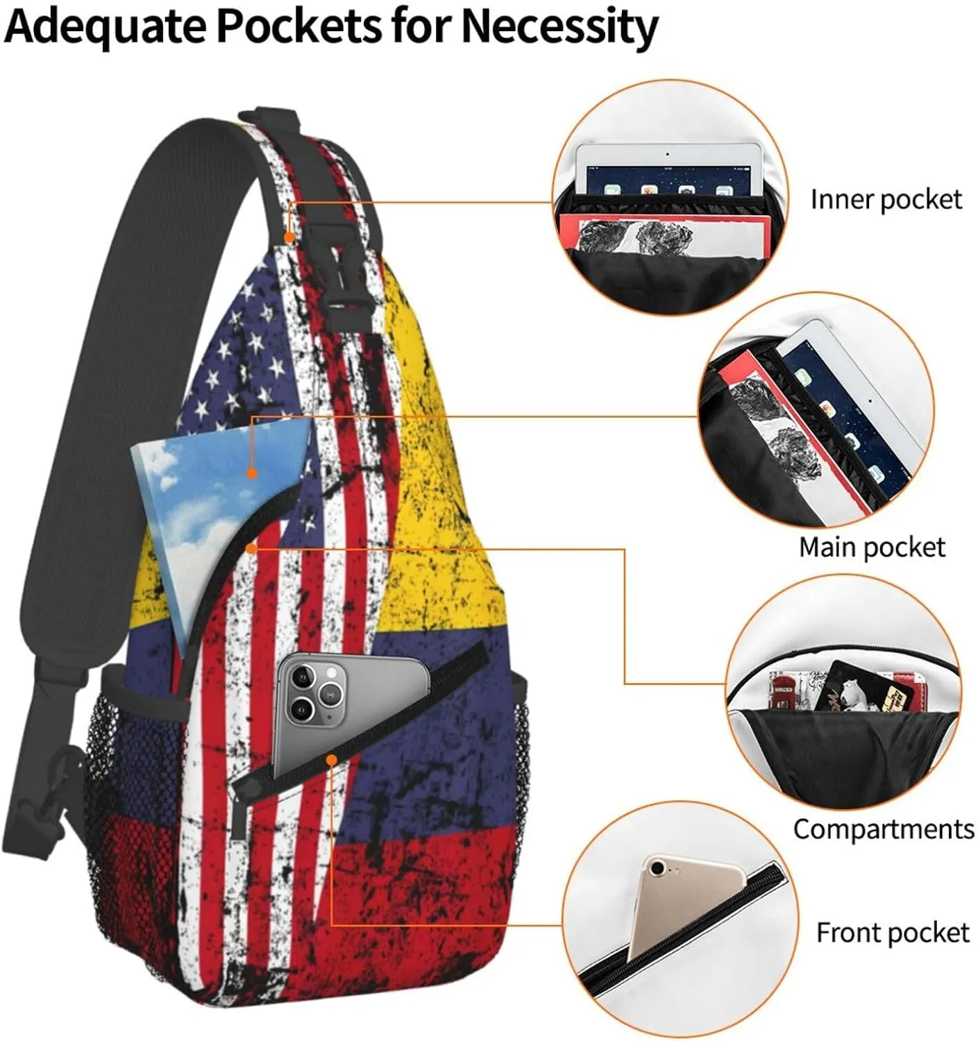 Colombian Roots Half American Flag Colombia Crossbody Bag Cross Chest Bag Adjustable Sling Backpack Sports Gym Shoulder Bags Travel Cycling Daypack Diagonally Casual Rucksack