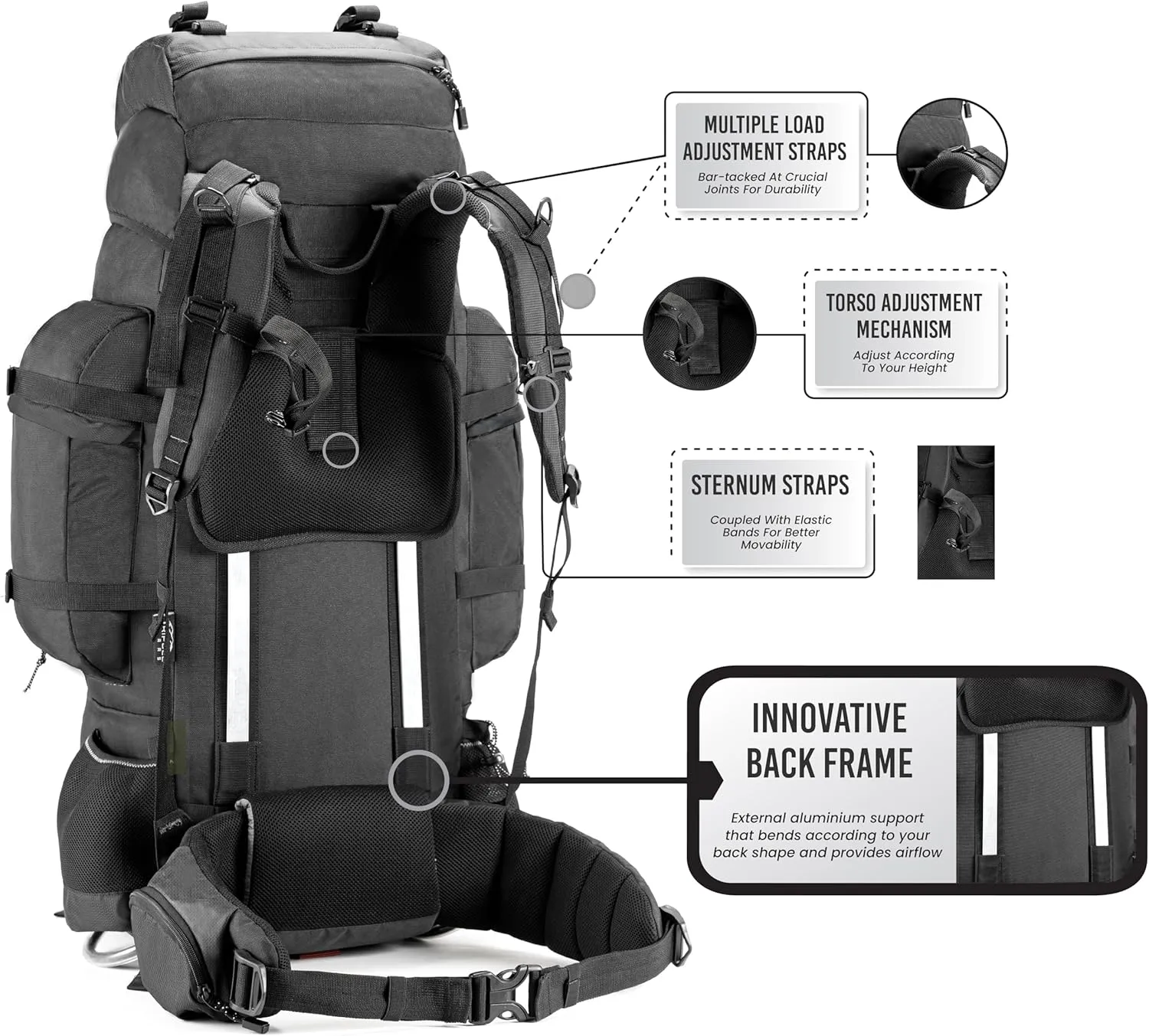 Colonel Pro Metal Frame Rucksack Front Opening Detachable Bag (Black, 105 Litres)