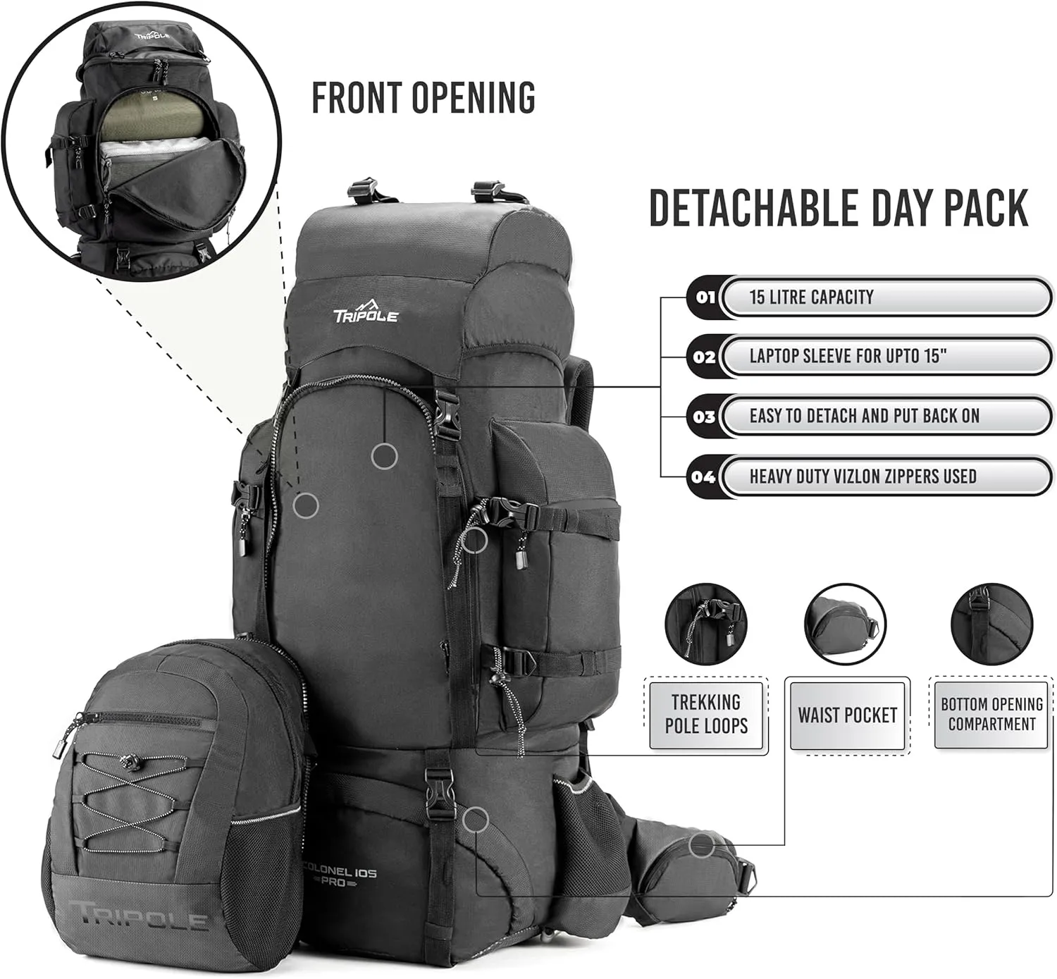 Colonel Pro Metal Frame Rucksack Front Opening Detachable Bag (Black, 105 Litres)