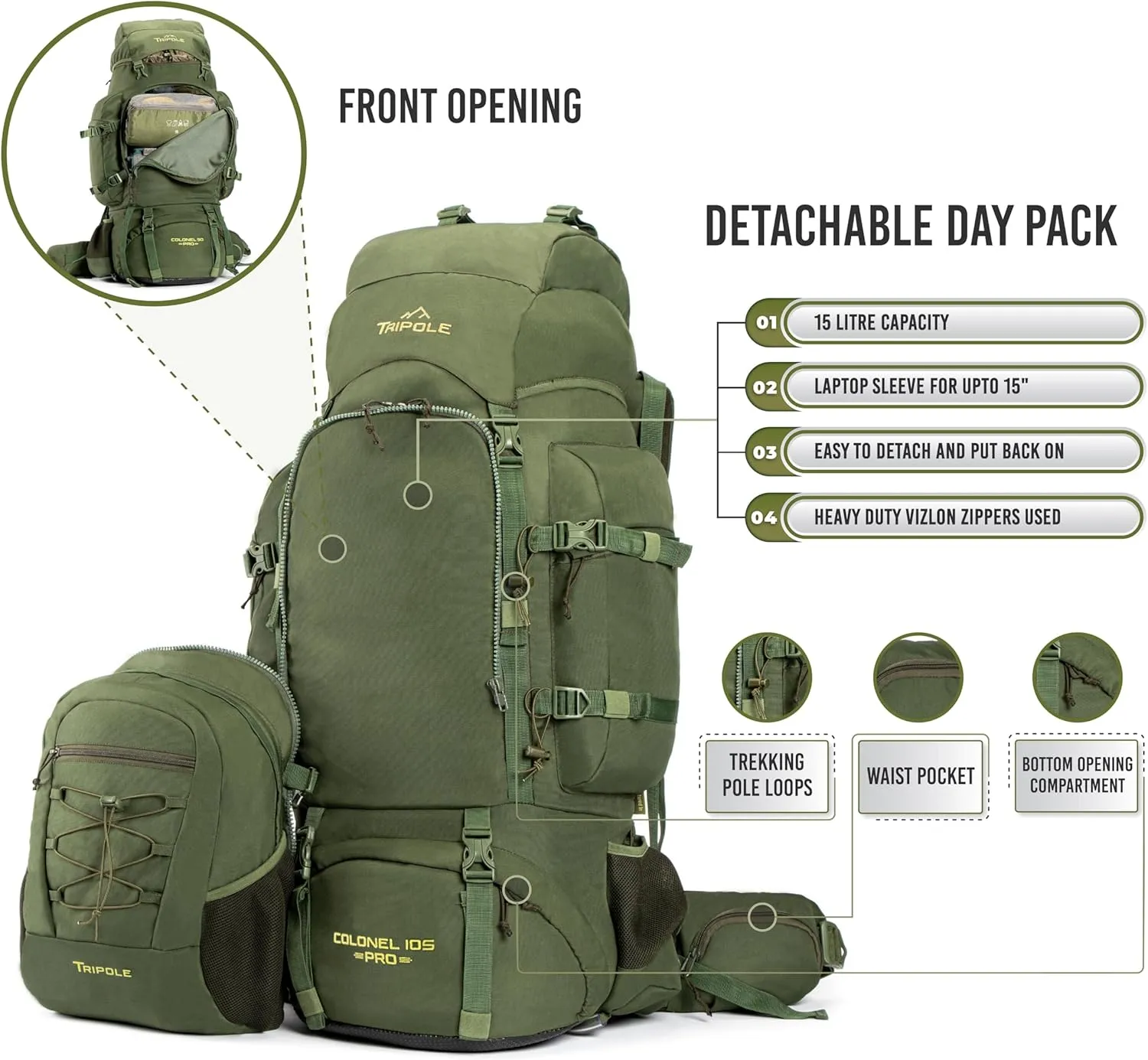 Colonel Pro Metal Frame Rucksack Front Opening Detachable Bag Rain Cover 3 Year