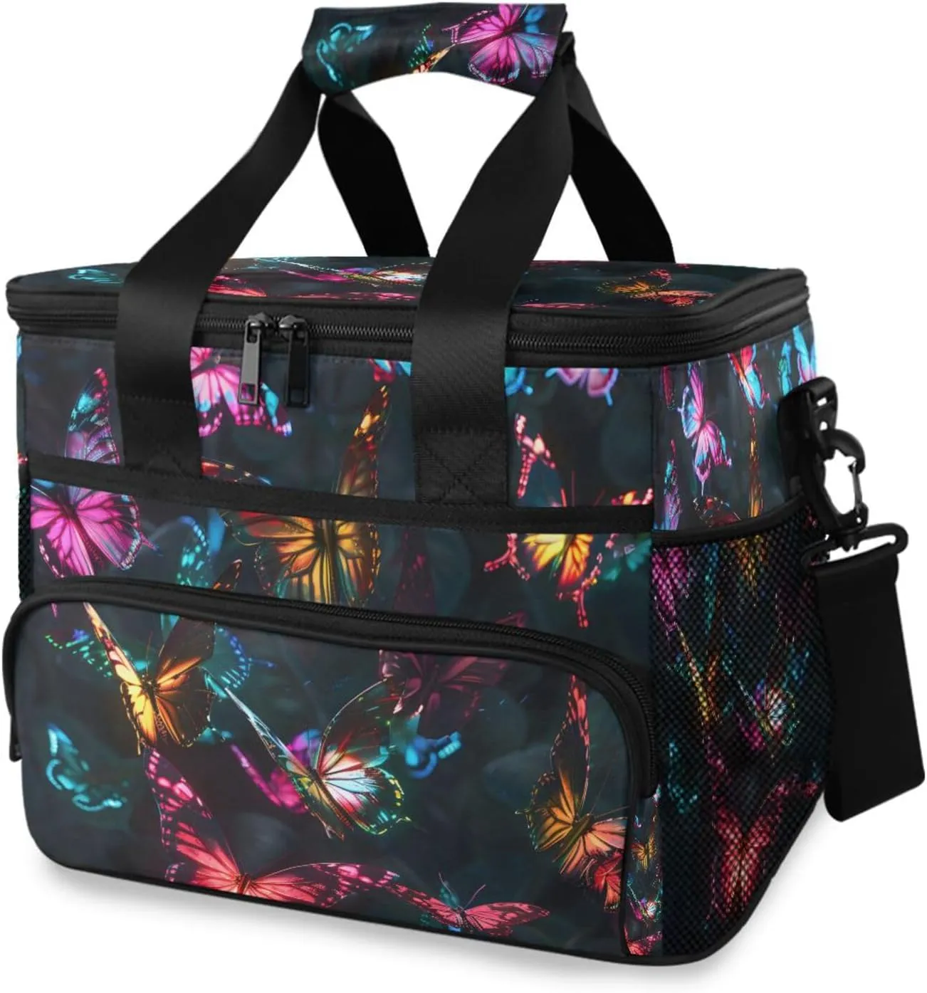 Colorful Butterflies Black Butterfly Cooler Bag Insulated Cooler Soft Sided Cooler 24 Can Portable Picnic Bag Large Leakproof Lunch Bag Box for Beach Grocery Camping Travel Car Men Women