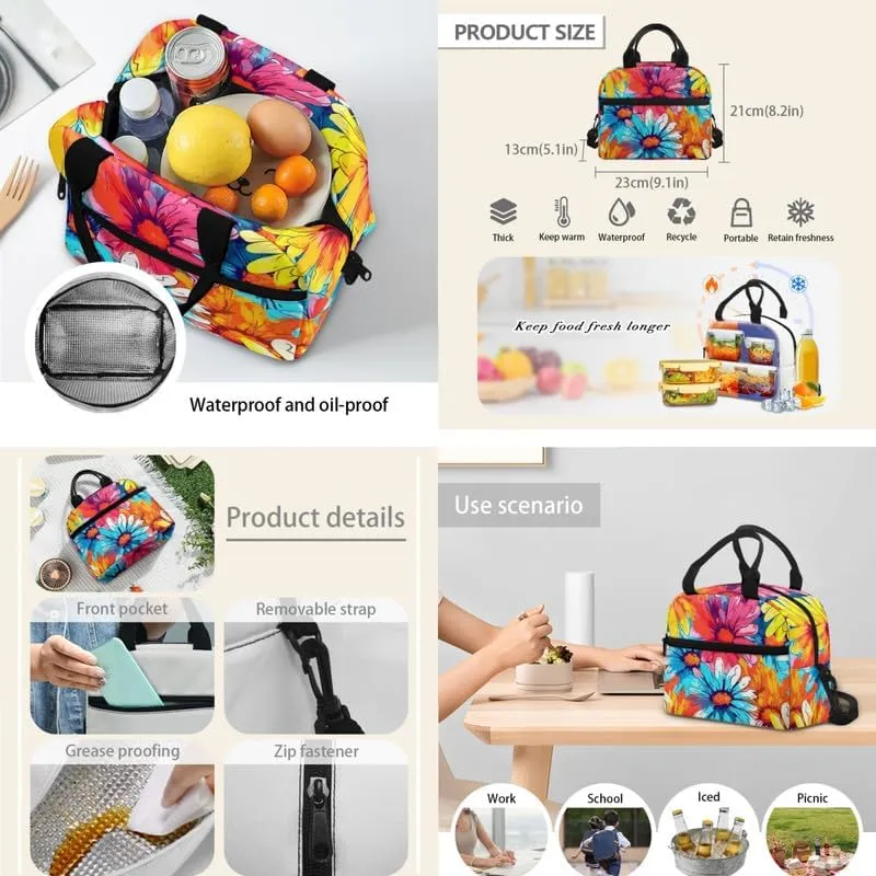 Colorful Daisy Gradient Backpack with Lunch Box Pencil Case Rainbow Flower Fade School Bag Sets for Girls Elementary Pouch Case Back to School Rucksack 3 Pcs