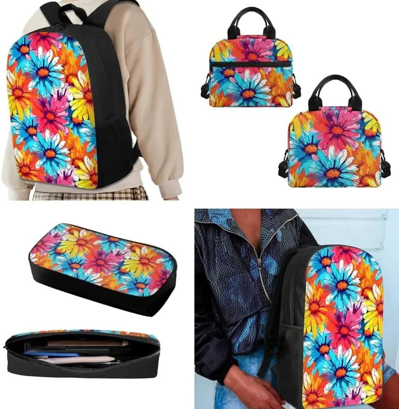 Colorful Daisy Gradient Backpack with Lunch Box Pencil Case Rainbow Flower Fade School Bag Sets for Girls Elementary Pouch Case Back to School Rucksack 3 Pcs