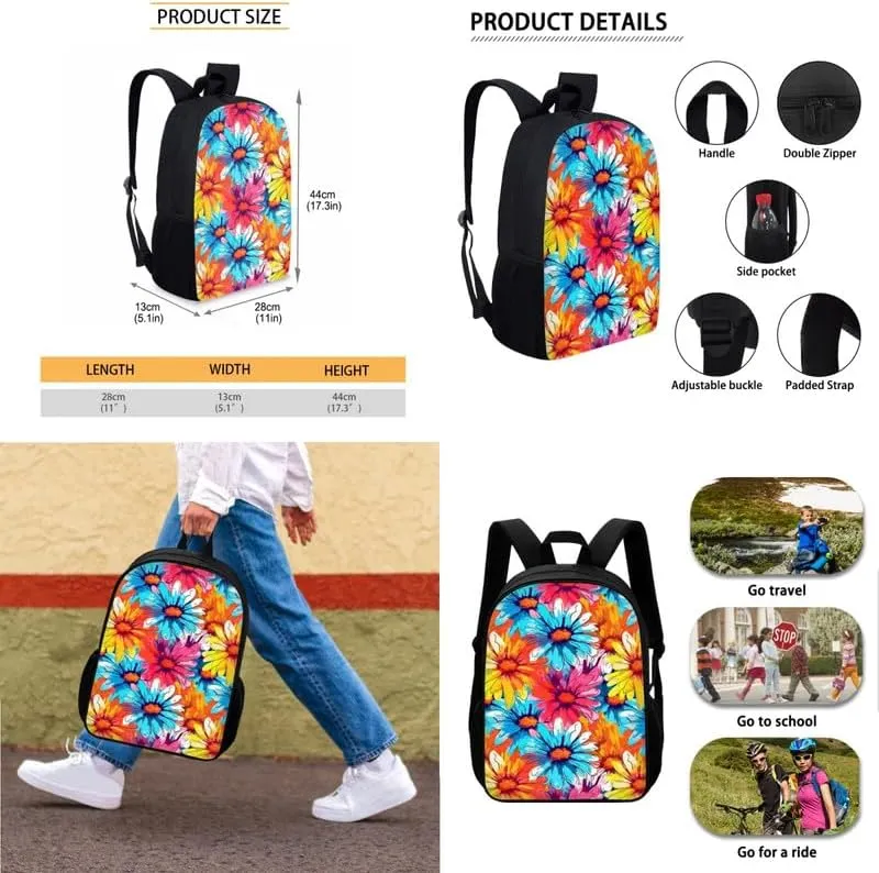 Colorful Daisy Gradient Backpack with Lunch Box Pencil Case Rainbow Flower Fade School Bag Sets for Girls Elementary Pouch Case Back to School Rucksack 3 Pcs