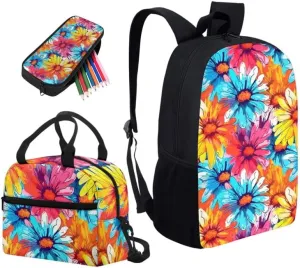 Colorful Daisy Gradient Backpack with Lunch Box Pencil Case Rainbow Flower Fade School Bag Sets for Girls Elementary Pouch Case Back to School Rucksack 3 Pcs