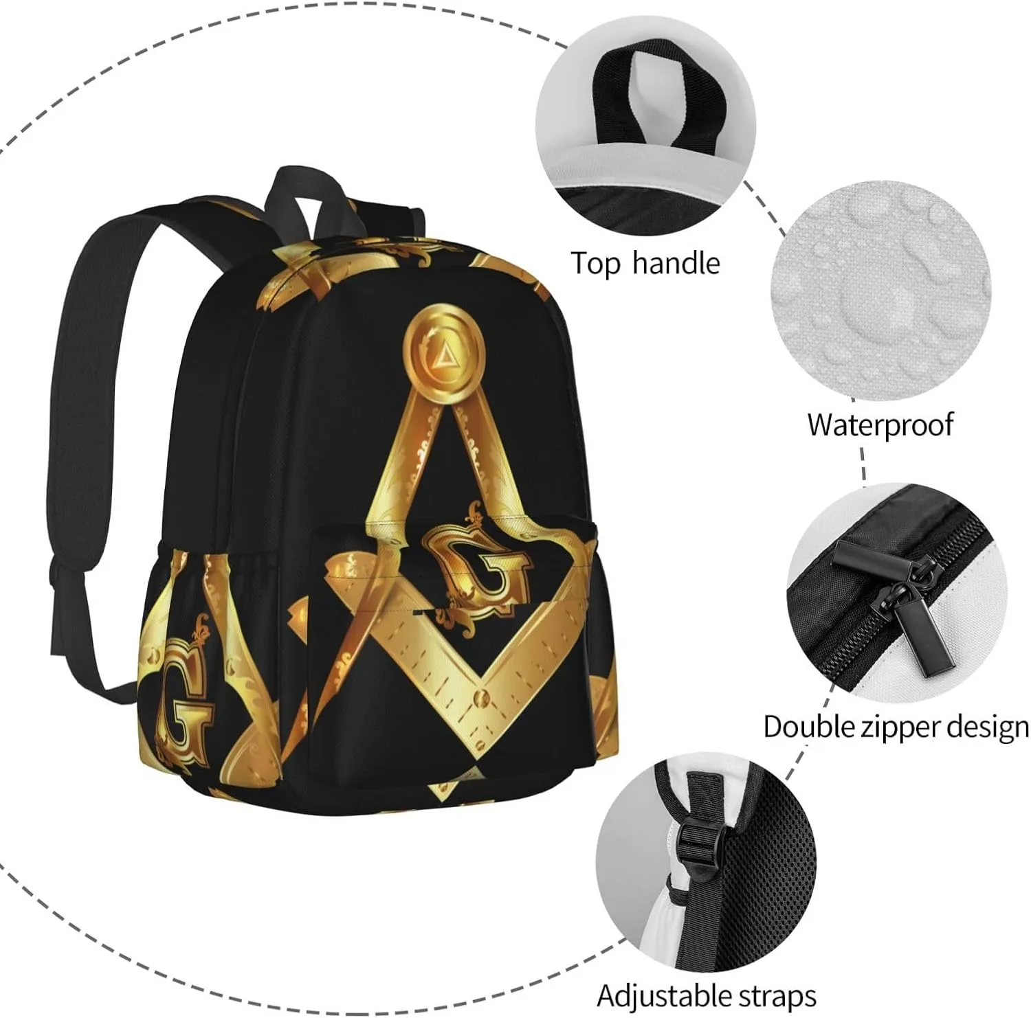 Comfortable Backpack for Women Men, Cute High Bookbag and Large Capacity Backpack with Laptop Compartment, Compatible with Gold Freemason Freemasonry Masonic Sports Gym Rucksack