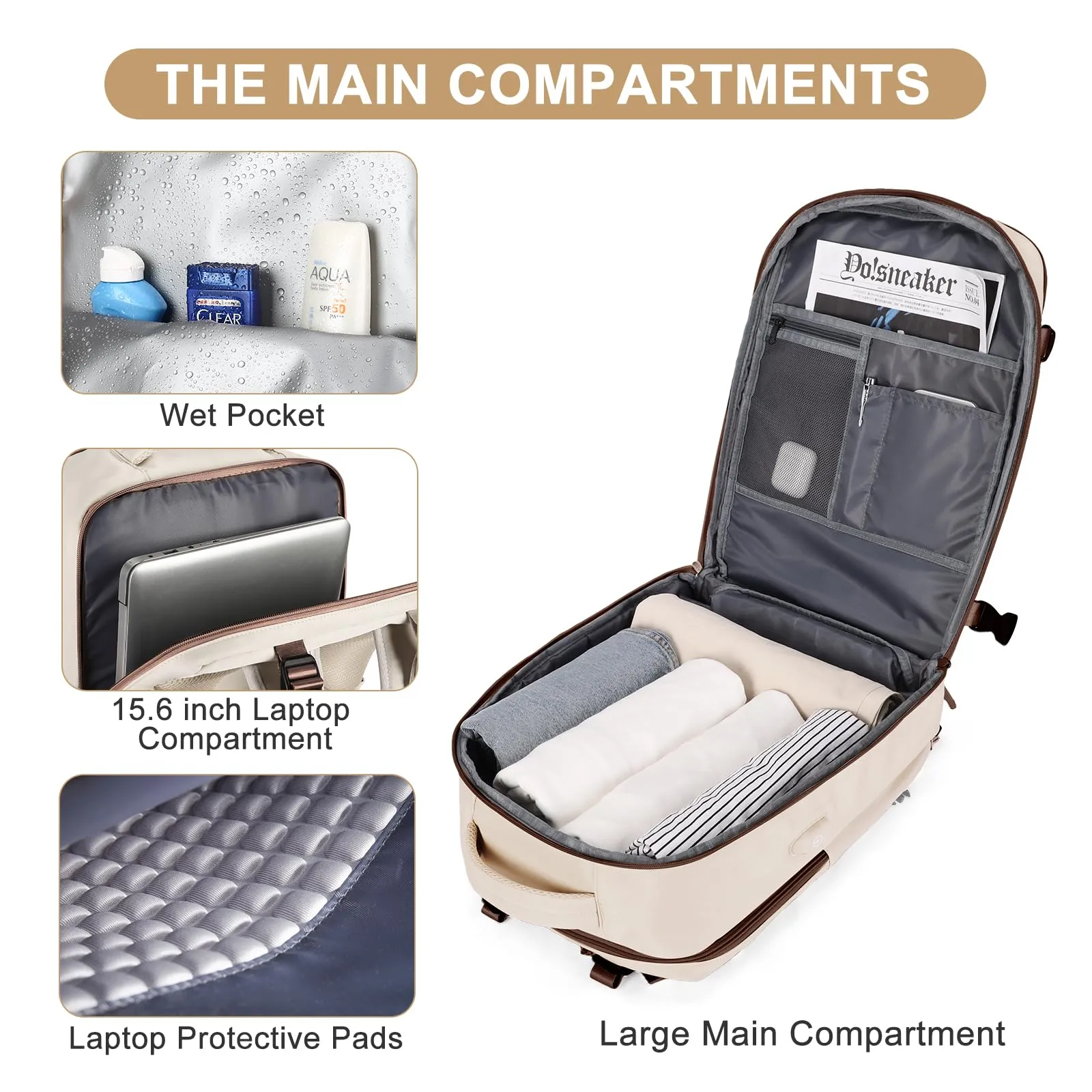 coofay Large Travel Backpack Carry on Flight Approved Mochila De Viaje Personal Item Travel Bag Backpacks for Men Women Carry on Backpack for Airplanes 18x14x8 Inches Travel Bag Beige with Brown