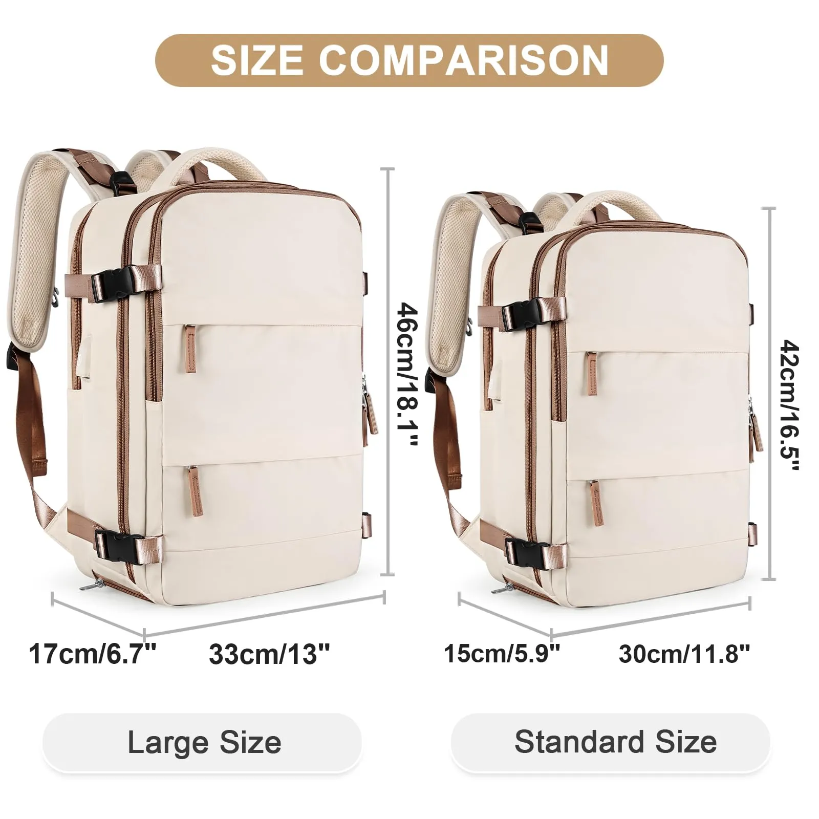 coofay Large Travel Backpack Carry on Flight Approved Mochila De Viaje Personal Item Travel Bag Backpacks for Men Women Carry on Backpack for Airplanes 18x14x8 Inches Travel Bag Beige with Brown