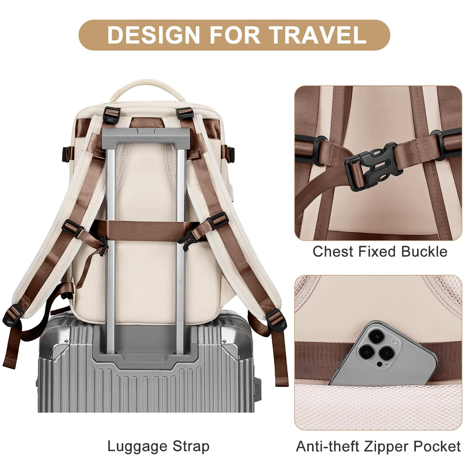 coofay Large Travel Backpack Carry on Flight Approved Mochila De Viaje Personal Item Travel Bag Backpacks for Men Women Carry on Backpack for Airplanes 18x14x8 Inches Travel Bag Beige with Brown