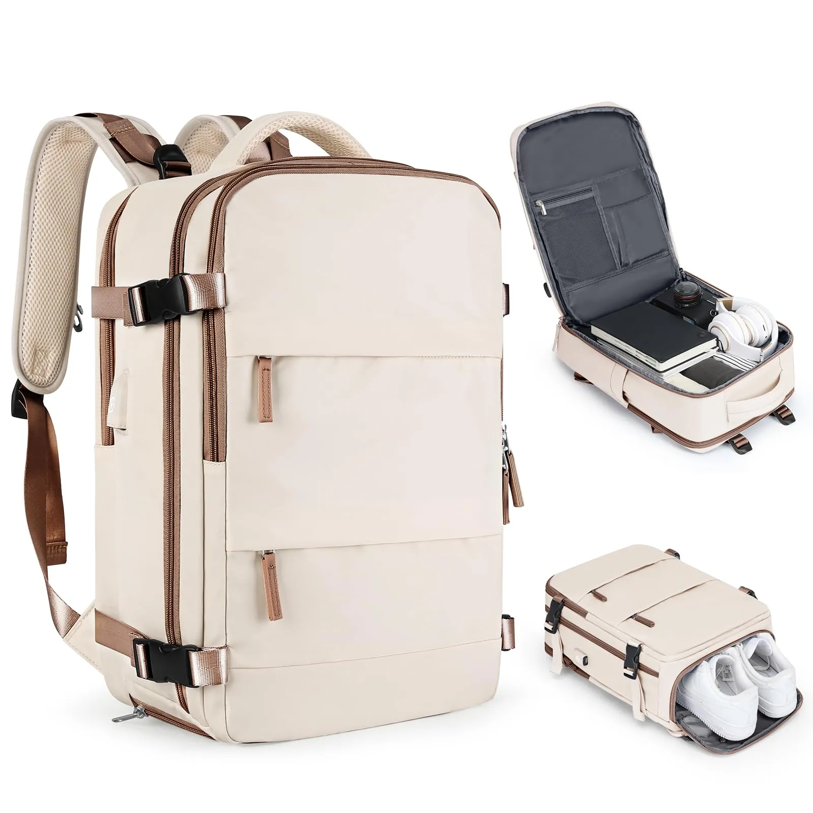 coofay Large Travel Backpack Carry on Flight Approved Mochila De Viaje Personal Item Travel Bag Backpacks for Men Women Carry on Backpack for Airplanes 18x14x8 Inches Travel Bag Beige with Brown