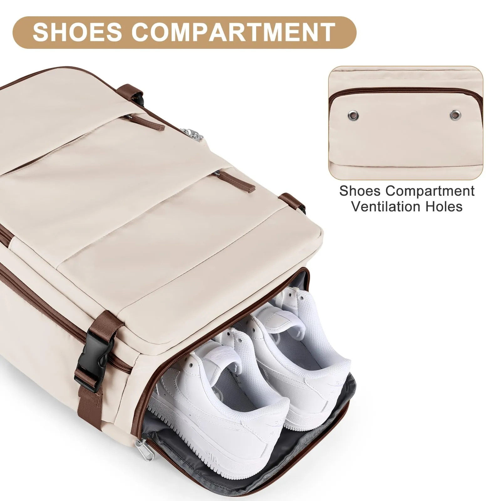 coofay Large Travel Backpack Carry on Flight Approved Mochila De Viaje Personal Item Travel Bag Backpacks for Men Women Carry on Backpack for Airplanes 18x14x8 Inches Travel Bag Beige with Brown