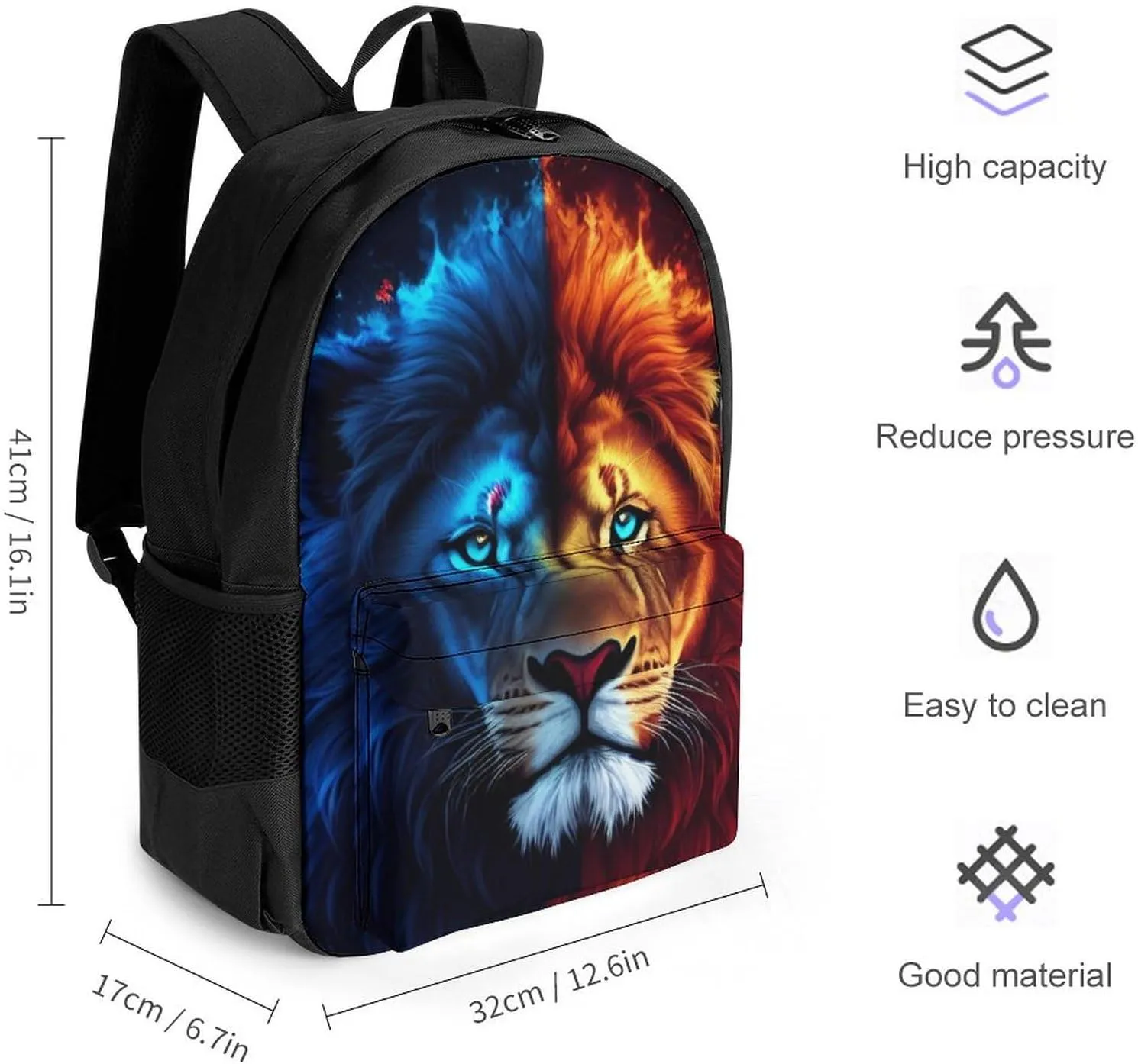 Cool Lion Blue And Red Fire Surreal Style Art Rucksack Polyester Anti-Theft Multipurpose Bookbag Big Capacity Travel and Sport Backpack Rucksack With Side Pockets
