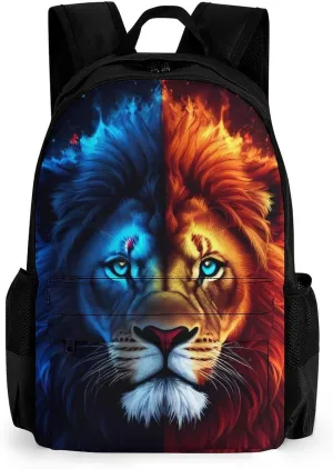 Cool Lion Blue And Red Fire Surreal Style Art Rucksack Polyester Anti-Theft Multipurpose Bookbag Big Capacity Travel and Sport Backpack Rucksack With Side Pockets