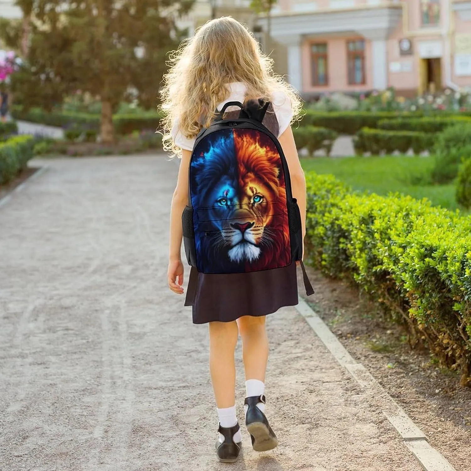 Cool Lion Blue And Red Fire Surreal Style Art Rucksack Polyester Anti-Theft Multipurpose Bookbag Big Capacity Travel and Sport Backpack Rucksack With Side Pockets