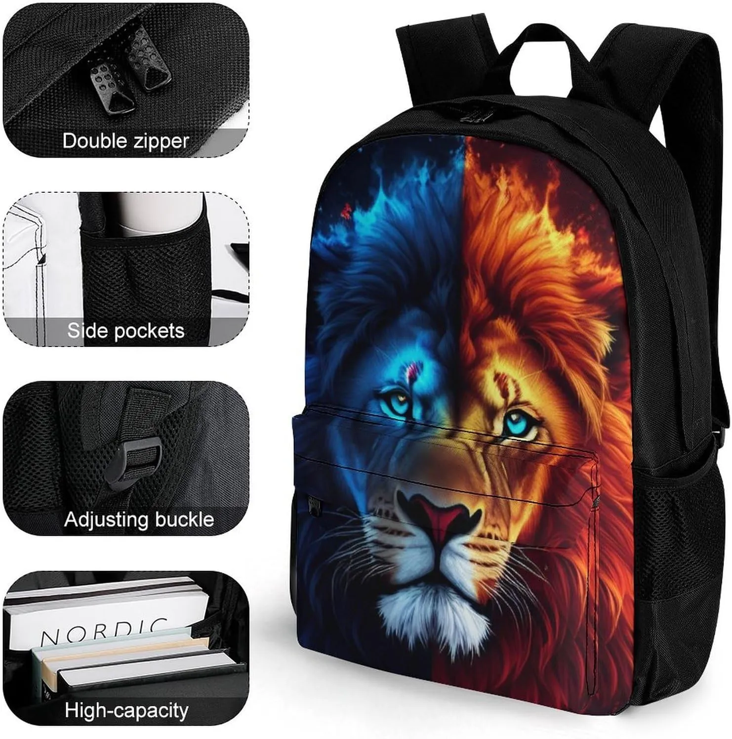 Cool Lion Blue And Red Fire Surreal Style Art Rucksack Polyester Anti-Theft Multipurpose Bookbag Big Capacity Travel and Sport Backpack Rucksack With Side Pockets