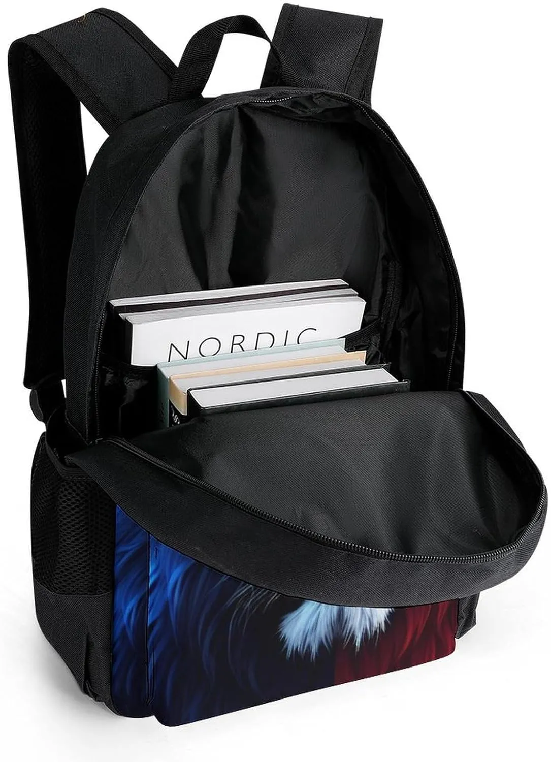 Cool Lion Blue And Red Fire Surreal Style Art Rucksack Polyester Anti-Theft Multipurpose Bookbag Big Capacity Travel and Sport Backpack Rucksack With Side Pockets