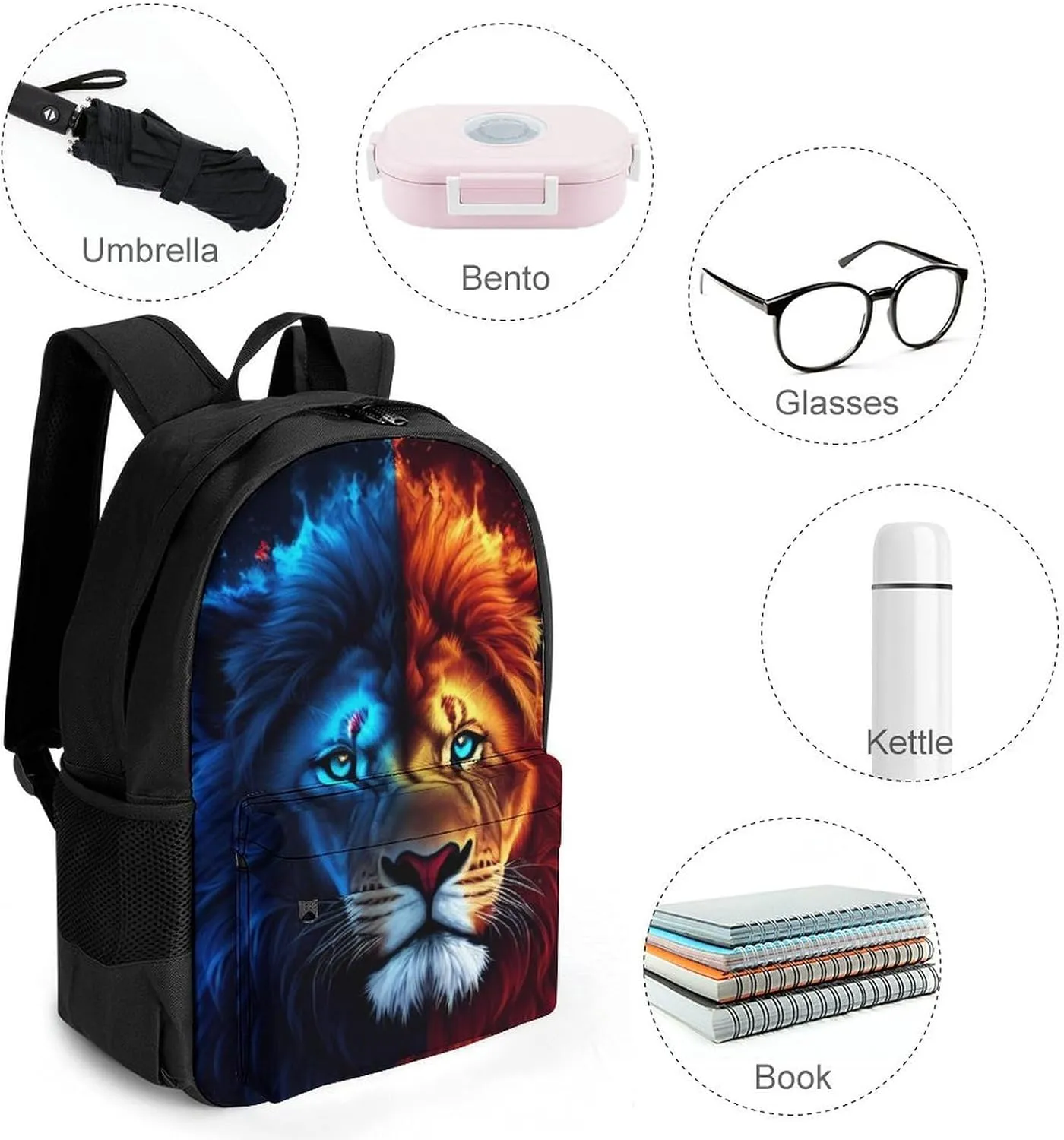 Cool Lion Blue And Red Fire Surreal Style Art Rucksack Polyester Anti-Theft Multipurpose Bookbag Big Capacity Travel and Sport Backpack Rucksack With Side Pockets