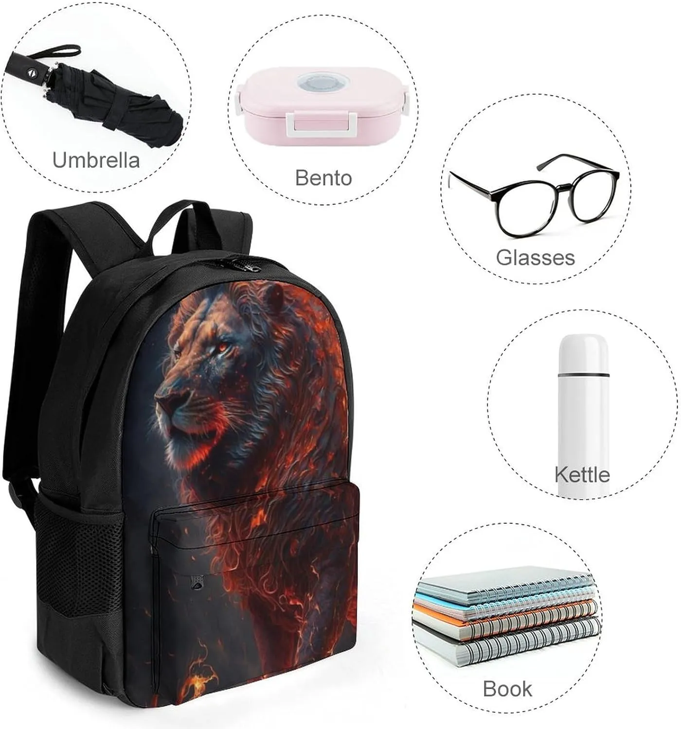 Cool Lion Fire Surreal Style Art Rucksack Polyester Anti-Theft Multipurpose Bookbag Big Capacity Travel and Sport Backpack Rucksack With Side Pockets
