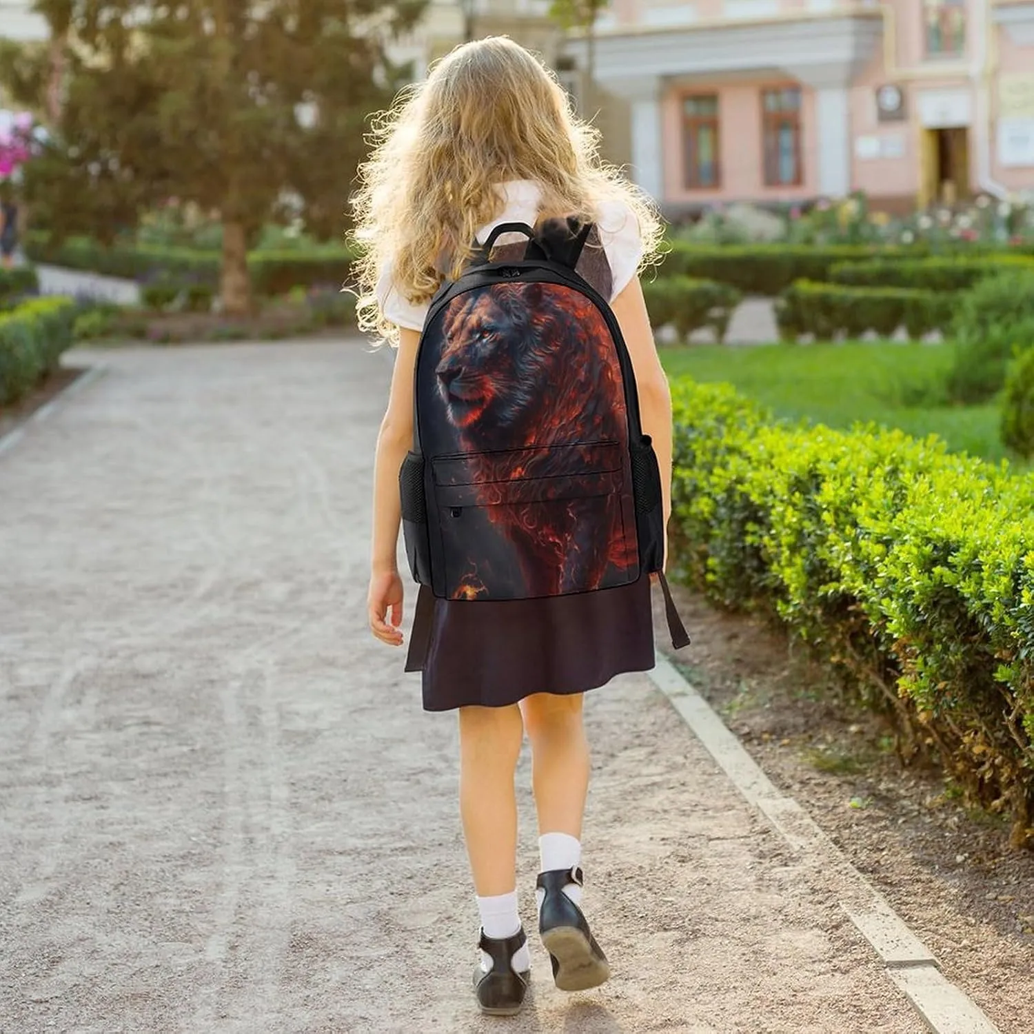 Cool Lion Fire Surreal Style Art Rucksack Polyester Anti-Theft Multipurpose Bookbag Big Capacity Travel and Sport Backpack Rucksack With Side Pockets