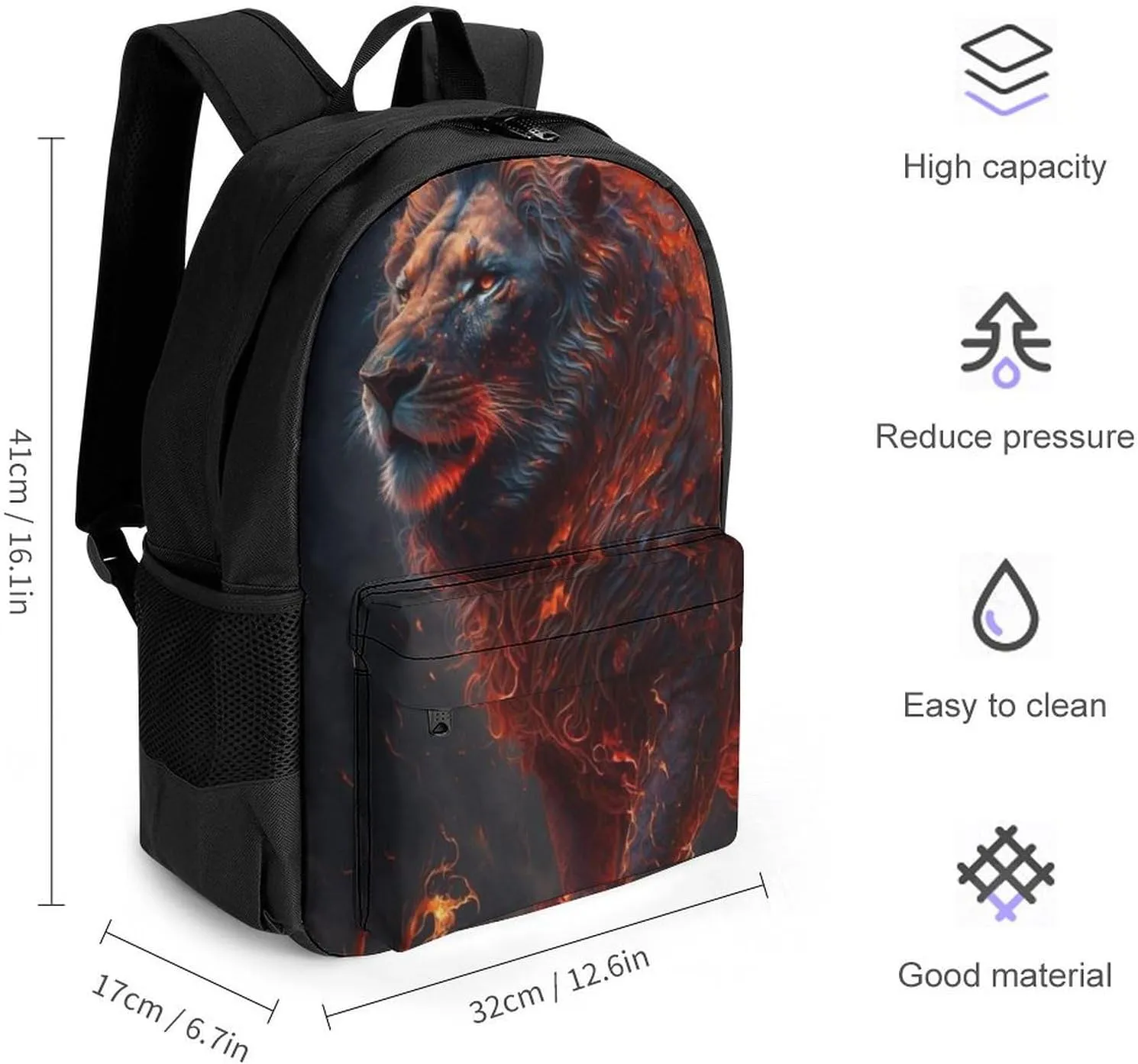 Cool Lion Fire Surreal Style Art Rucksack Polyester Anti-Theft Multipurpose Bookbag Big Capacity Travel and Sport Backpack Rucksack With Side Pockets