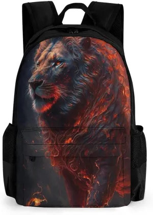Cool Lion Fire Surreal Style Art Rucksack Polyester Anti-Theft Multipurpose Bookbag Big Capacity Travel and Sport Backpack Rucksack With Side Pockets