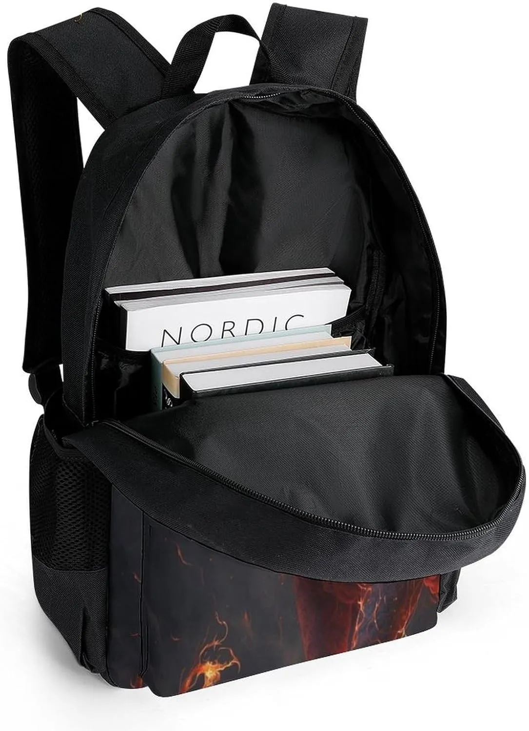 Cool Lion Fire Surreal Style Art Rucksack Polyester Anti-Theft Multipurpose Bookbag Big Capacity Travel and Sport Backpack Rucksack With Side Pockets