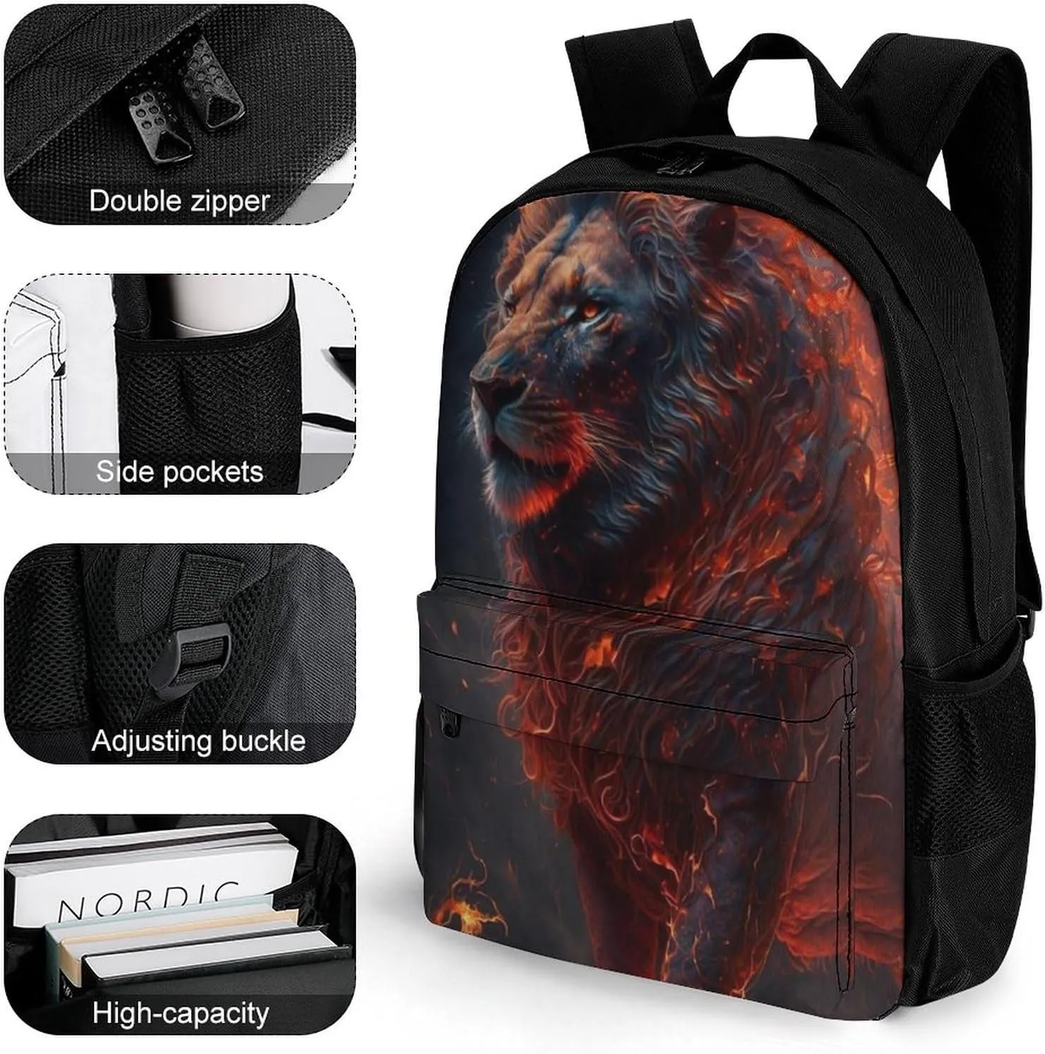 Cool Lion Fire Surreal Style Art Rucksack Polyester Anti-Theft Multipurpose Bookbag Big Capacity Travel and Sport Backpack Rucksack With Side Pockets