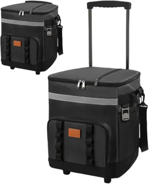 Cooler Bag with Wheels and Handle 35L Large Collapsible Rolling Cooler with Pull Waterproof Rolling Multi-Pocket Zipper Closure Insulated Bag for Outdoor Picnic Beach.
