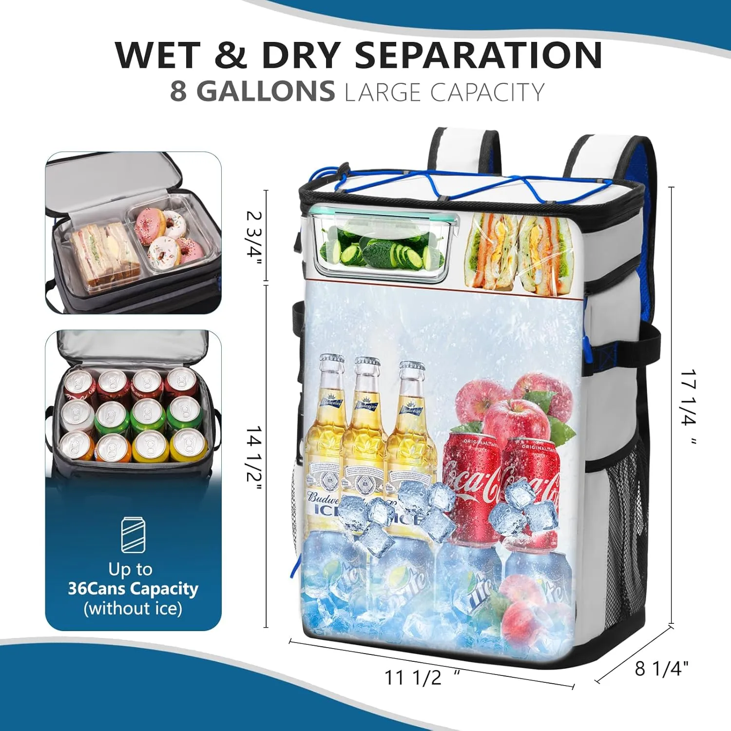 COOLREX Large Backpack Cooler 36 Can Cooler Backpack with 2 Insulated Compartments Leak Proof Waterproof Travel Backpack, Camping Beach Picnic Lunch Thermal Bag for Women and Men