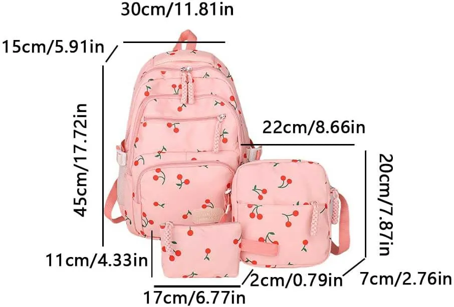 Coquette Cherry Backpack - Cute Kawaii Backpack Set Aesthetic Daypack Cute Rucksack (C01 Cherry Pink)