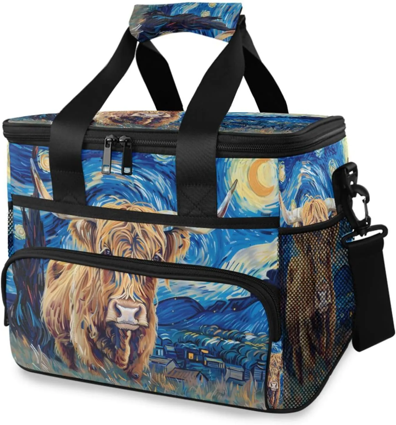 Cow Oil Painting Starry Sky Cooler Bag Insulated Cooler Soft Sided Cooler 24 Can Portable Picnic Bag Large Leakproof Lunch Bag Box for Beach Grocery Camping Travel Car Men Women