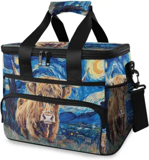 Cow Oil Painting Starry Sky Cooler Bag Insulated Cooler Soft Sided Cooler 24 Can Portable Picnic Bag Large Leakproof Lunch Bag Box for Beach Grocery Camping Travel Car Men Women