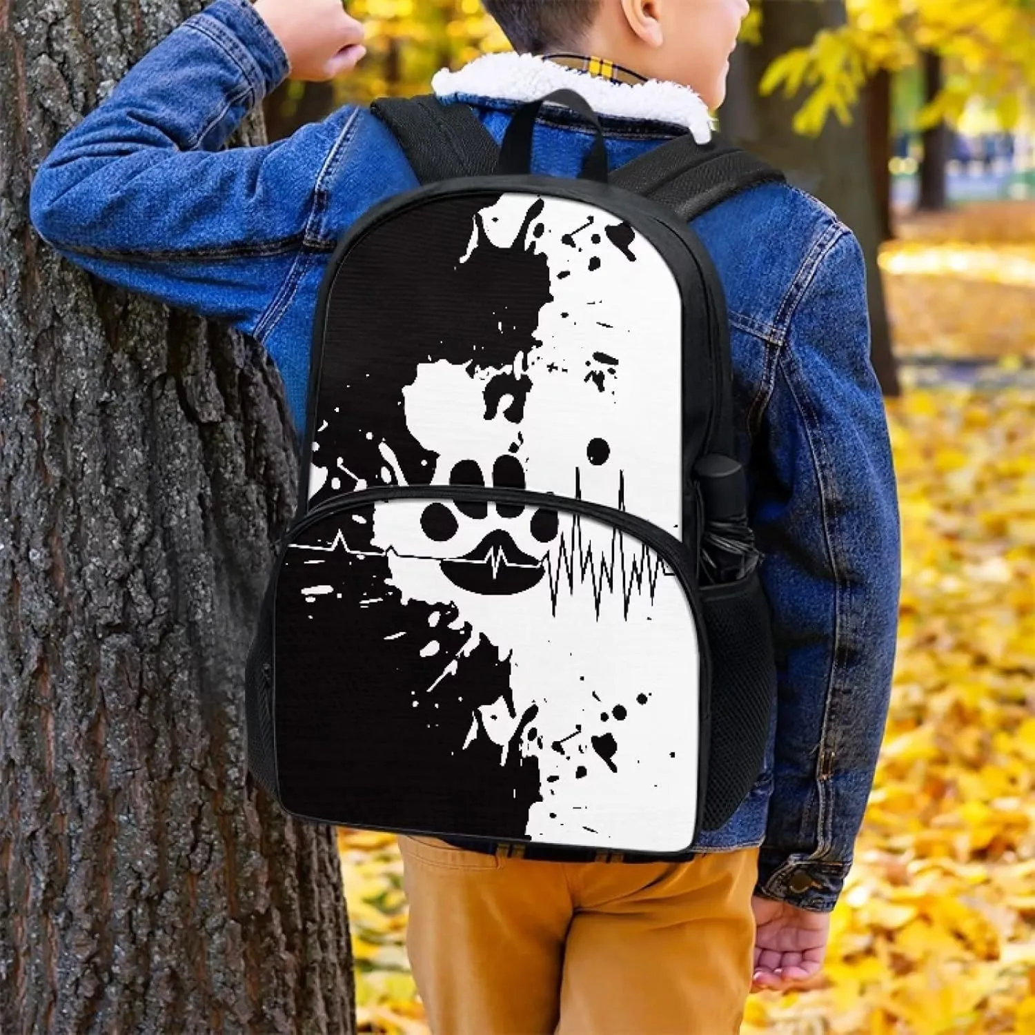 Cozeyat Cute Shoulder Backpack for School, Black White Splashing Ink Paw Design School Bag for Kids, 17 Inches Rucksack with 2 Side Pocket