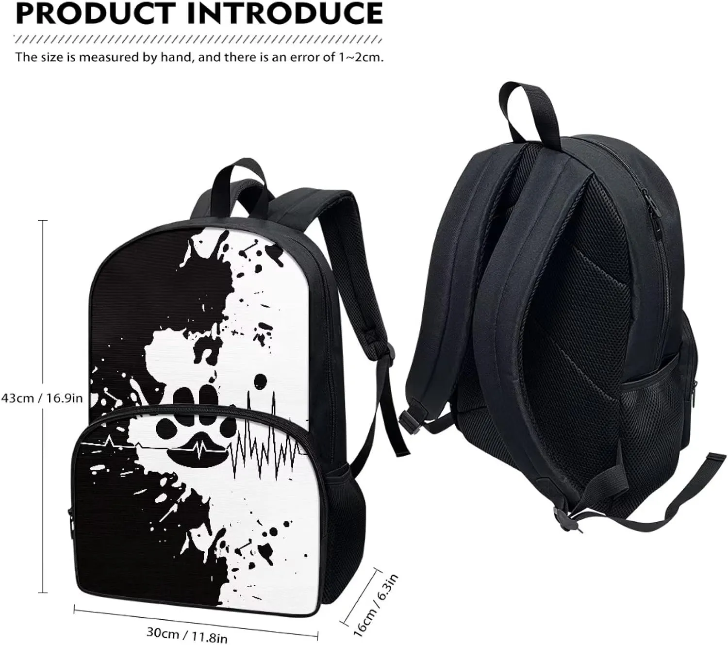 Cozeyat Cute Shoulder Backpack for School, Black White Splashing Ink Paw Design School Bag for Kids, 17 Inches Rucksack with 2 Side Pocket
