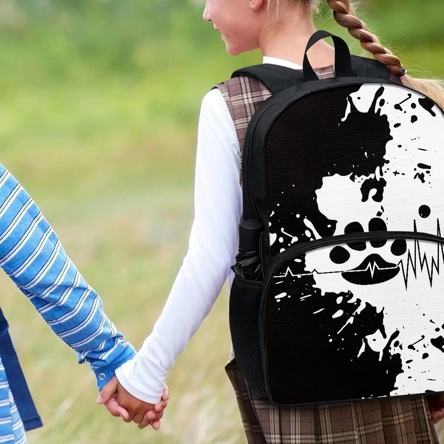 Cozeyat Cute Shoulder Backpack for School, Black White Splashing Ink Paw Design School Bag for Kids, 17 Inches Rucksack with 2 Side Pocket