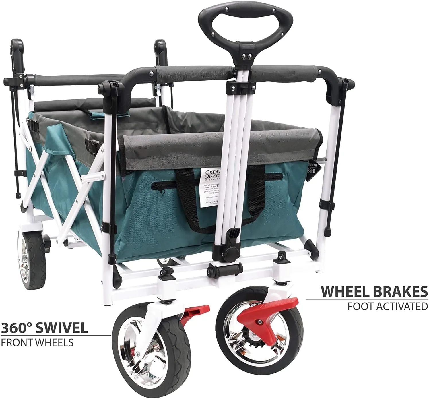 Creative Outdoor Distributor Push and Pull Double Stroller for Toddlers & Kids with Removable Canopy and Seat Belt Harnesses, Collapsible Folding Garden Cart, Adjustable Handle, Beach Wagon (Teal)
