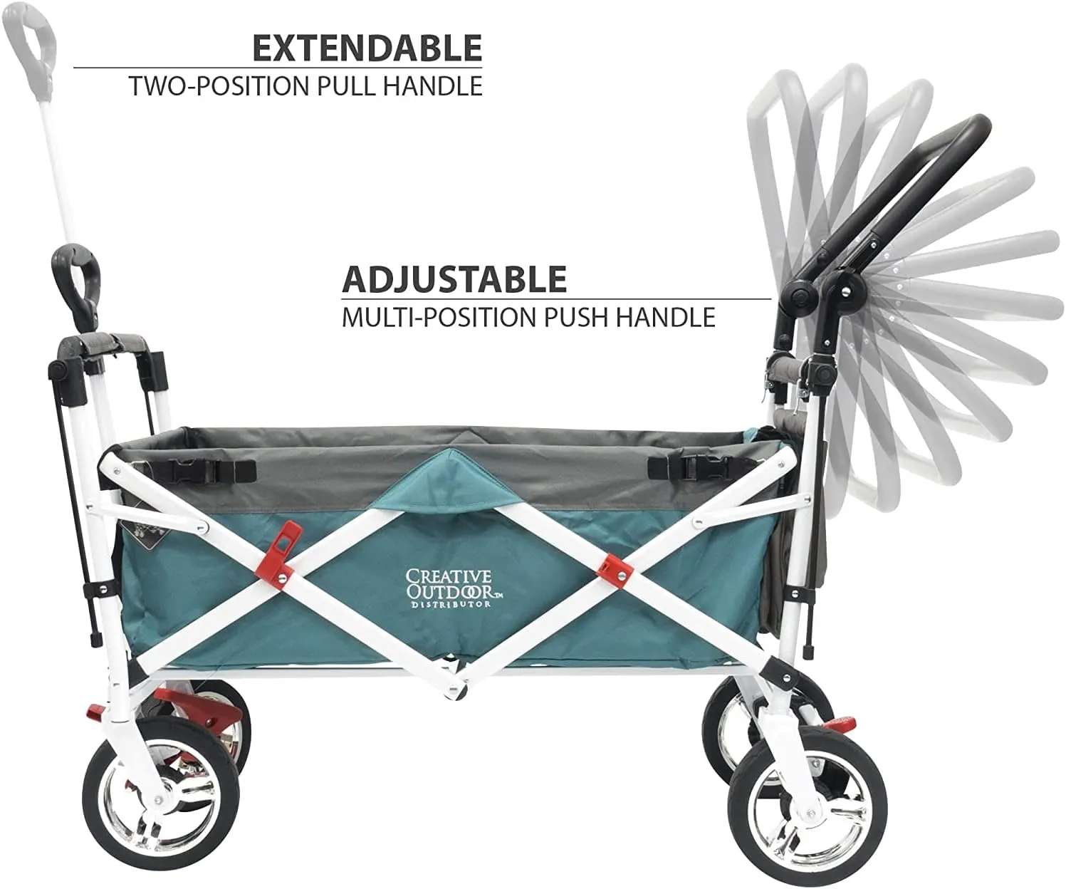Creative Outdoor Distributor Push and Pull Double Stroller for Toddlers & Kids with Removable Canopy and Seat Belt Harnesses, Collapsible Folding Garden Cart, Adjustable Handle, Beach Wagon (Teal)