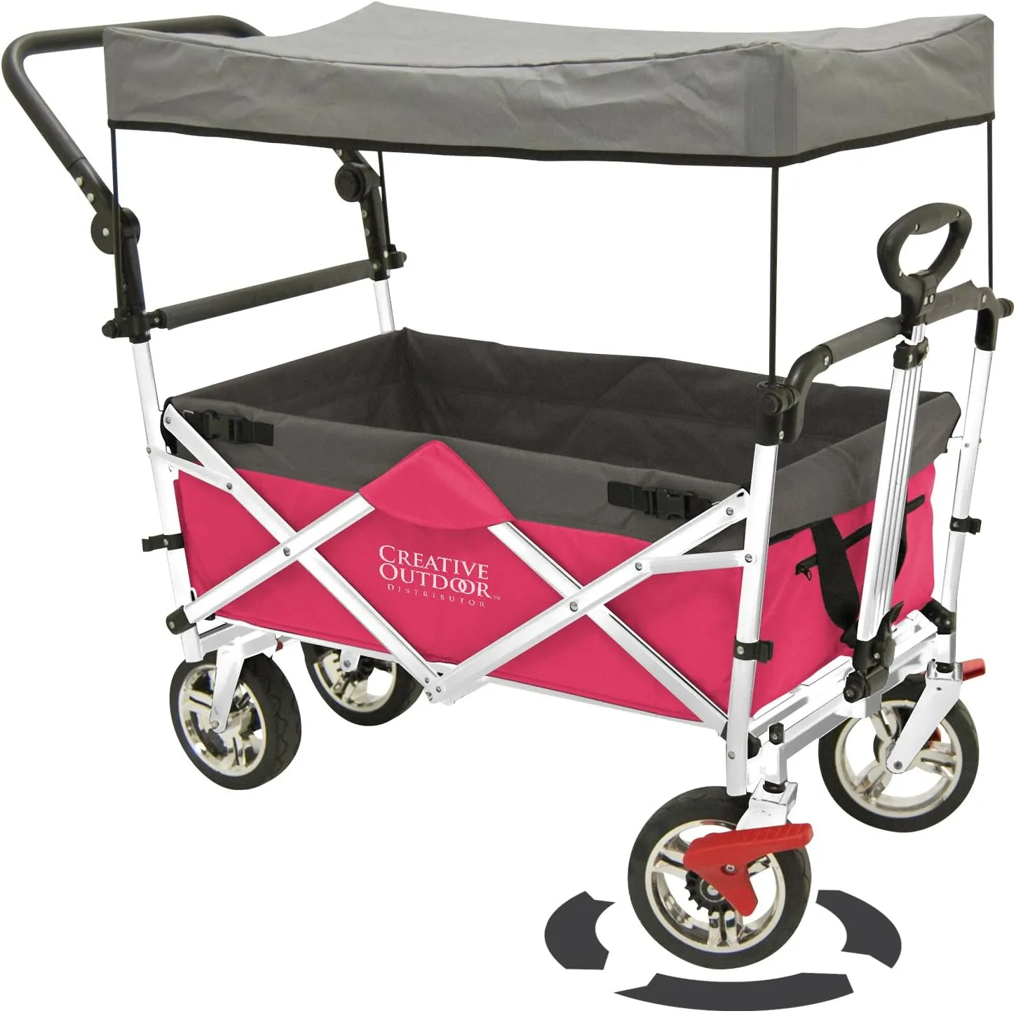 Creative Outdoor Wagon, Push and Pull Double Stroller for Toddlers & Kids with Removable Canopy and Seat Belt Harnesses, Collapsible Folding Garden Cart, Adjustable Handle, Beach Wagon (HOT Pink)