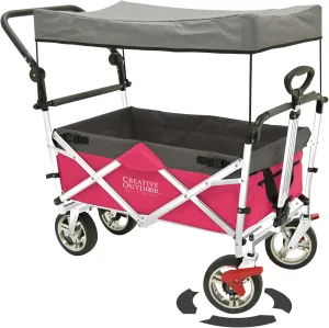Creative Outdoor Wagon, Push and Pull Double Stroller for Toddlers & Kids with Removable Canopy and Seat Belt Harnesses, Collapsible Folding Garden Cart, Adjustable Handle, Beach Wagon (HOT Pink)