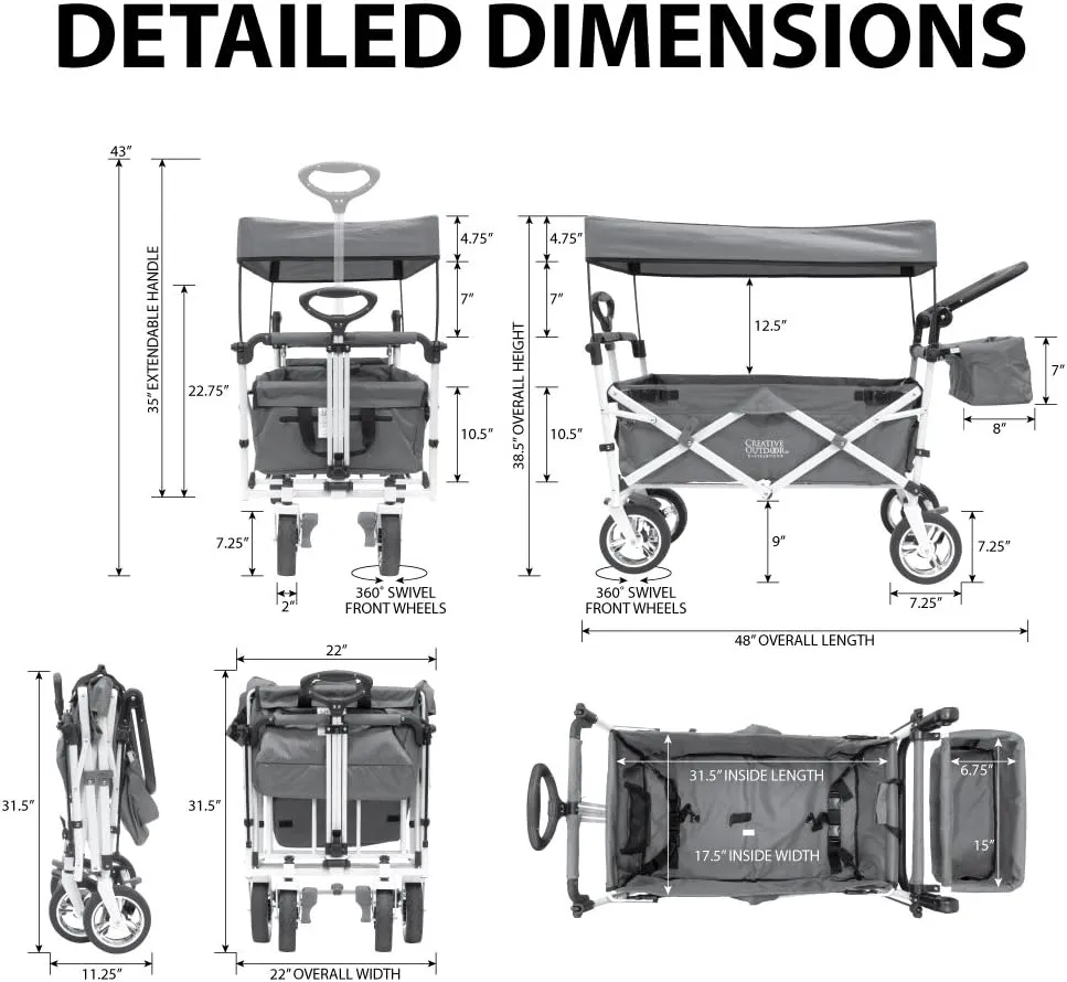 Creative Outdoor Wagon, Push and Pull Double Stroller for Toddlers & Kids with Removable Canopy and Seat Belt Harnesses, Collapsible Folding Garden Cart, Adjustable Handle, Beach Wagon (HOT Pink)