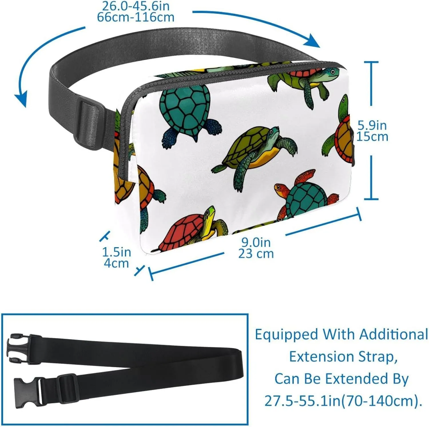 Crossbody Belt Bag for Women Men, Colorful Turtle Fanny Packs with Zipper Pockets,Waterproof Waist Packs with Adjustable Strap for Workout Running Traveling Hiking